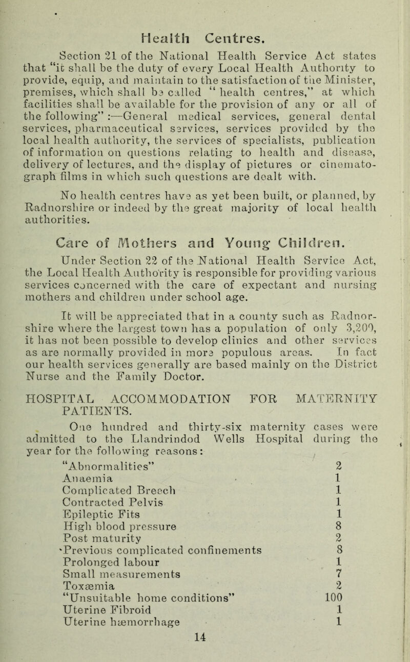 Health Centres Section 21 of the National Health Service A ct states that “it shall be the duty of every Local Health xAiithority to provide, equip, and jnaiiitain to the satisfaction of tiie Minister, premises, which shall be called “ health cejitres,” at which facilities shall be available for the provision of any or all of the following” :—General medical services, general dental services, pharmaceutical services, services provided by the local health authority, the services of specialists, publication of information on questions relating to health and disease, delivery of lectures, aiid the display of pictures or cinomato- graph films in which such questions are dealt with. No health centres have as yet been built, or planned, by Radnorshire or indeed by the great majority of local health authorities. Care of Mothers and Young* Children. Under Section 22 of the National Health Service Act, the Local Health Authority is responsible for providing various services concerned with the care of expectant and nursing mothers and children under school age. It will be appreciated that in a county such as Radnor- shire where the largest town lias a population of only 3,200, it has not been possible to develop clinics and other services as are normally provided in more populous areas. In fact our health services generally are based mainly on the District Nurse and the Family Doctor. HOSPITAL ACCOMMODATION FOR MATFRNITY PATIENTS. One hundred and thirty-six maternity cases were admitted to the Llandrindod Wells Hospital during the year for the following reasons: “Abnormalities” Anaemia Complicated Breech Contracted Pelvis Epileptic Fits High blood pressure Post maturity 'Previous complicated confinements Prolonged labour Small measurements Toxeemia “Unsuitable home conditions” Uterine Fibroid Uterine lujemorrhage 2 1 1 1 1 8 2 8 1 7 2 100 1 1