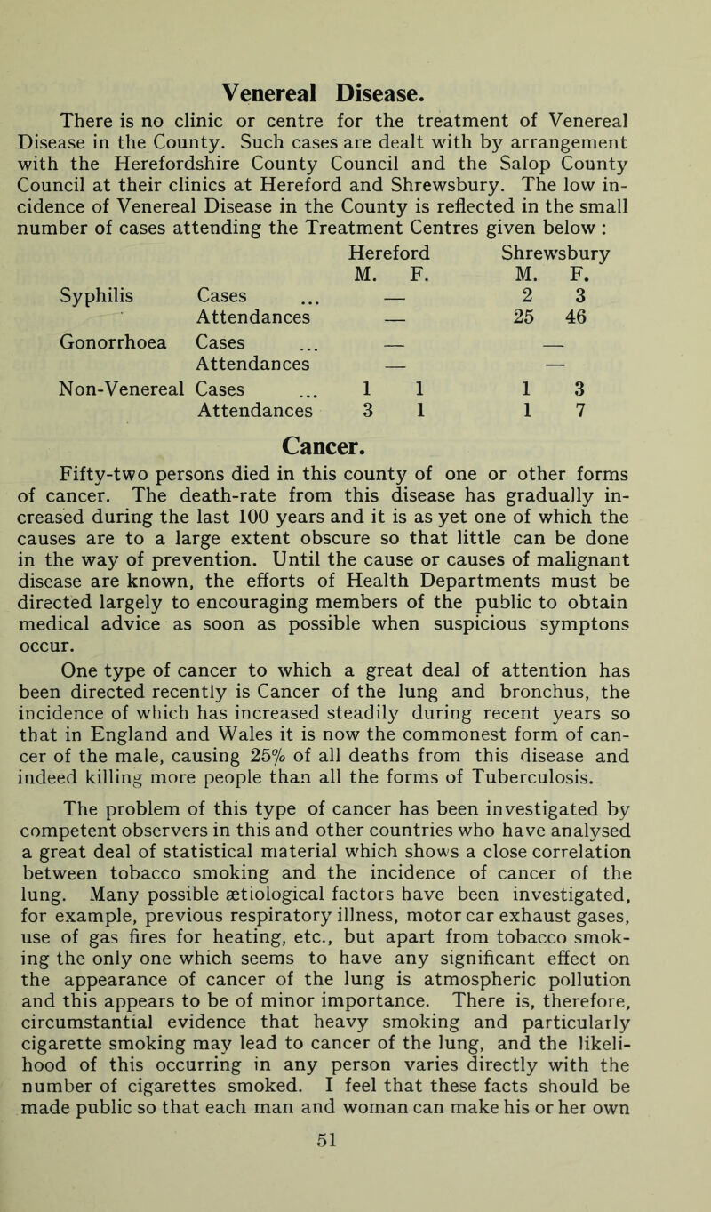 Venereal Disease. There is no clinic or centre for the treatment of Venereal Disease in the County. Such cases are dealt with by arrangement with the Herefordshire County Council and the Salop County Council at their clinics at Hereford and Shrewsbury. The low in- cidence of Venereal Disease in the County is reflected in the small number of cases attending the Treatment Centres given below : Hereford M. F. Syphilis Cases Attendances Gonorrhoea Cases Attendances Non-Venereal Cases Attendances Shrewsbury M. F. 2 3 25 46 Cancer. Fifty-two persons died in this county of one or other forms of cancer. The death-rate from this disease has gradually in- creased during the last 100 years and it is as yet one of which the causes are to a large extent obscure so that little can be done in the way of prevention. Until the cause or causes of malignant disease are known, the efforts of Health Departments must be directed largely to encouraging members of the public to obtain medical advice as soon as possible when suspicious symptons occur. One type of cancer to which a great deal of attention has been directed recently is Cancer of the lung and bronchus, the incidence of which has increased steadily during recent years so that in England and Wales it is now the commonest form of can- cer of the male, causing 25% of all deaths from this disease and indeed killing more people than all the forms of Tuberculosis. The problem of this type of cancer has been investigated by competent observers in this and other countries who have analysed a great deal of statistical material which shows a close correlation between tobacco smoking and the incidence of cancer of the lung. Many possible aetiological factors have been investigated, for example, previous respiratory illness, motor car exhaust gases, use of gas fires for heating, etc., but apart from tobacco smok- ing the only one which seems to have any significant effect on the appearance of cancer of the lung is atmospheric pollution and this appears to be of minor importance. There is, therefore, circumstantial evidence that heavy smoking and particularly cigarette smoking may lead to cancer of the lung, and the likeli- hood of this occurring in any person varies directly with the number of cigarettes smoked. I feel that these facts should be made public so that each man and woman can make his or her own