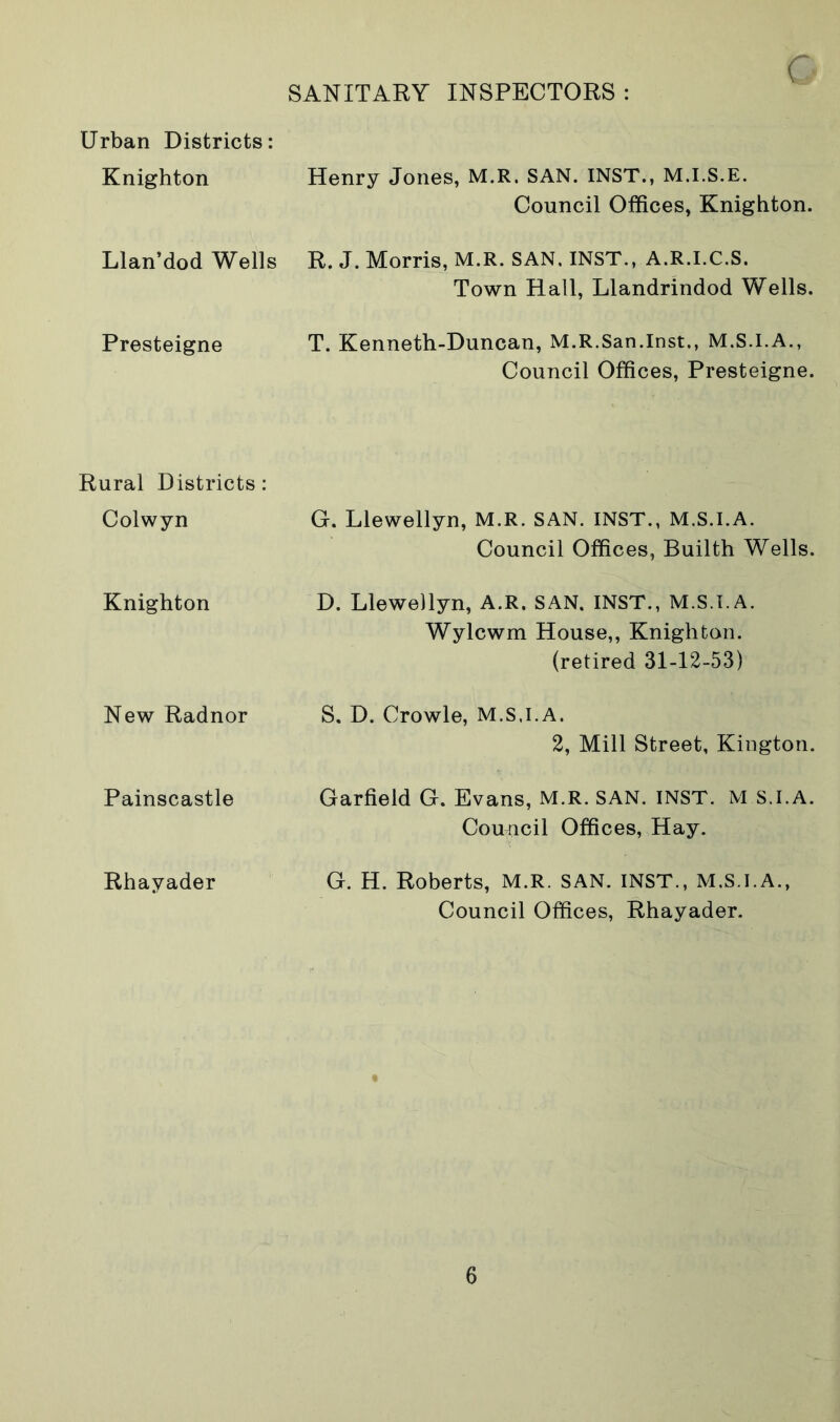 SANITARY INSPECTORS : Urban Districts: Knighton Henry Jones, M.R. SAN. INST., M.I.S.E. Council Offices, Knighton. Llan’dod Wells R. J. Morris, M.R. SAN. INST., A.R.I.C.S. Town Hall, Llandrindod Wells. Presteigne T. Kenneth-Duncan, M.R.San.Inst., M.S.I.A., Council Offices, Presteigne. Rural Districts: Colwyn G. Llewellyn, M.R. SAN. INST., M.S.I.A. Council Offices, Builth Wells. Knighton D. Llewellyn, A.R. SAN. INST., M.S.I.A. Wylcwm House,, Knighton. (retired 31-12-53) New Radnor S. D. Crowle, M.S.I.A. 2, Mill Street, Kington. Painscastle Garfield G. Evans, M.R. SAN. INST. M.S.I.A. Council Offices, Hay. Rhayader G. H. Roberts, M.R. SAN. INST., M.S.I.A., Council Offices, Rhayader.