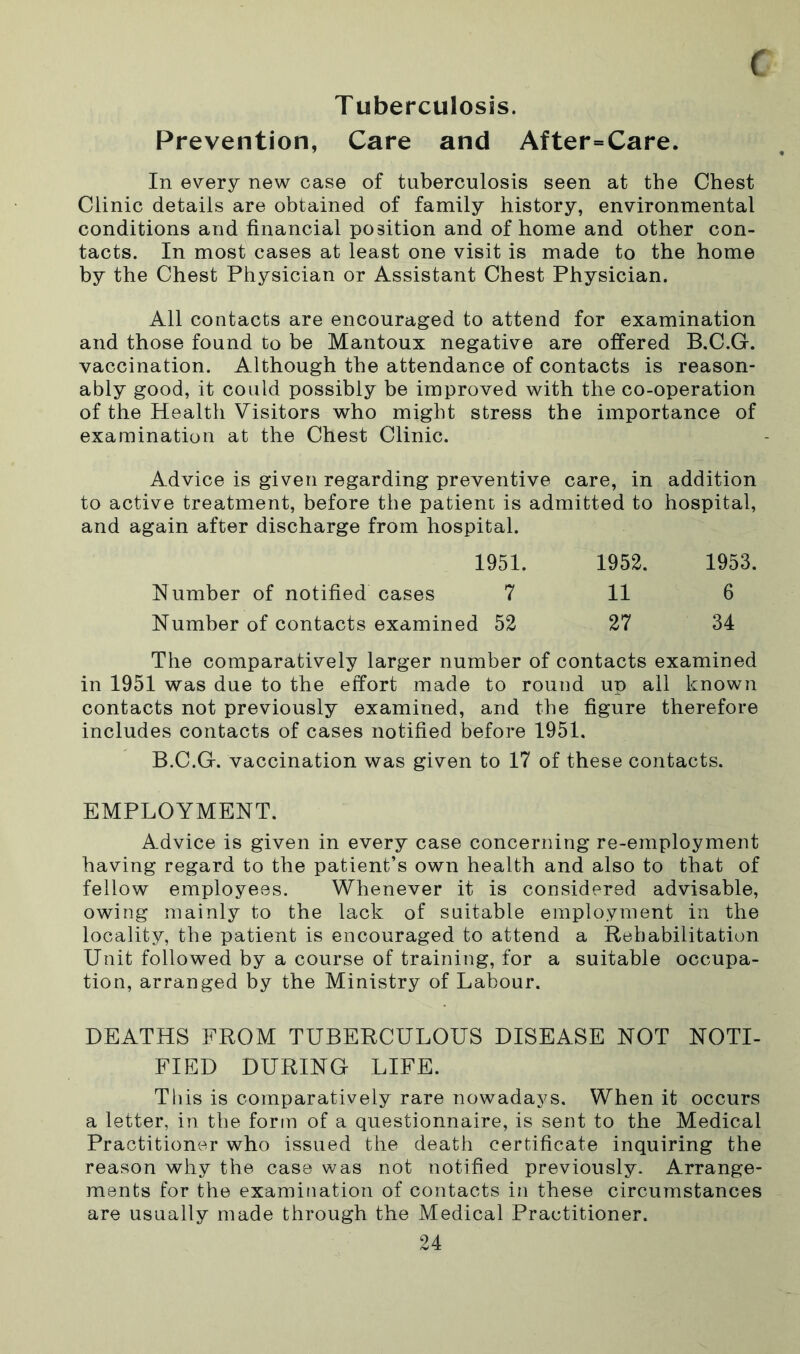 Tuberculosis. Prevention, Care and After=Care. In every new case of tuberculosis seen at the Chest Clinic details are obtained of family history, environmental conditions and financial position and of home and other con- tacts. In most cases at least one visit is made to the home by the Chest Physician or Assistant Chest Physician. All contacts are encouraged to attend for examination and those found to be Mantoux negative are offered B.C.G. vaccination. Although the attendance of contacts is reason- ably good, it could possibly be improved with the co-operation of the Health Visitors who might stress the importance of examination at the Chest Clinic. Advice is given regarding preventive care, in addition to active treatment, before the patient is admitted to hospital, and again after discharge from hospital. 1951. 1952. Number of notified cases 7 11 Number of contacts examined 52 27 1953 6 34 The comparatively larger number of contacts examined in 1951 was due to the effort made to round up all known contacts not previously examined, and the figure therefore includes contacts of cases notified before 1951. B.C.G. vaccination was given to 17 of these contacts. EMPLOYMENT. Advice is given in every case concerning re-employment having regard to the patient’s own health and also to that of fellow employees. Whenever it is considered advisable, owing mainly to the lack of suitable employment in the locality, the patient is encouraged to attend a Rehabilitation Unit followed by a course of training, for a suitable occupa- tion, arranged by the Ministry of Labour. DEATHS FROM TUBERCULOUS DISEASE NOT NOTI- FIED DURING LIFE. This is comparatively rare nowadays. When it occurs a letter, in the form of a questionnaire, is sent to the Medical Practitioner who issued the death certificate inquiring the reason why the case was not notified previously. Arrange- ments for the examination of contacts in these circumstances are usually made through the Medical Practitioner.