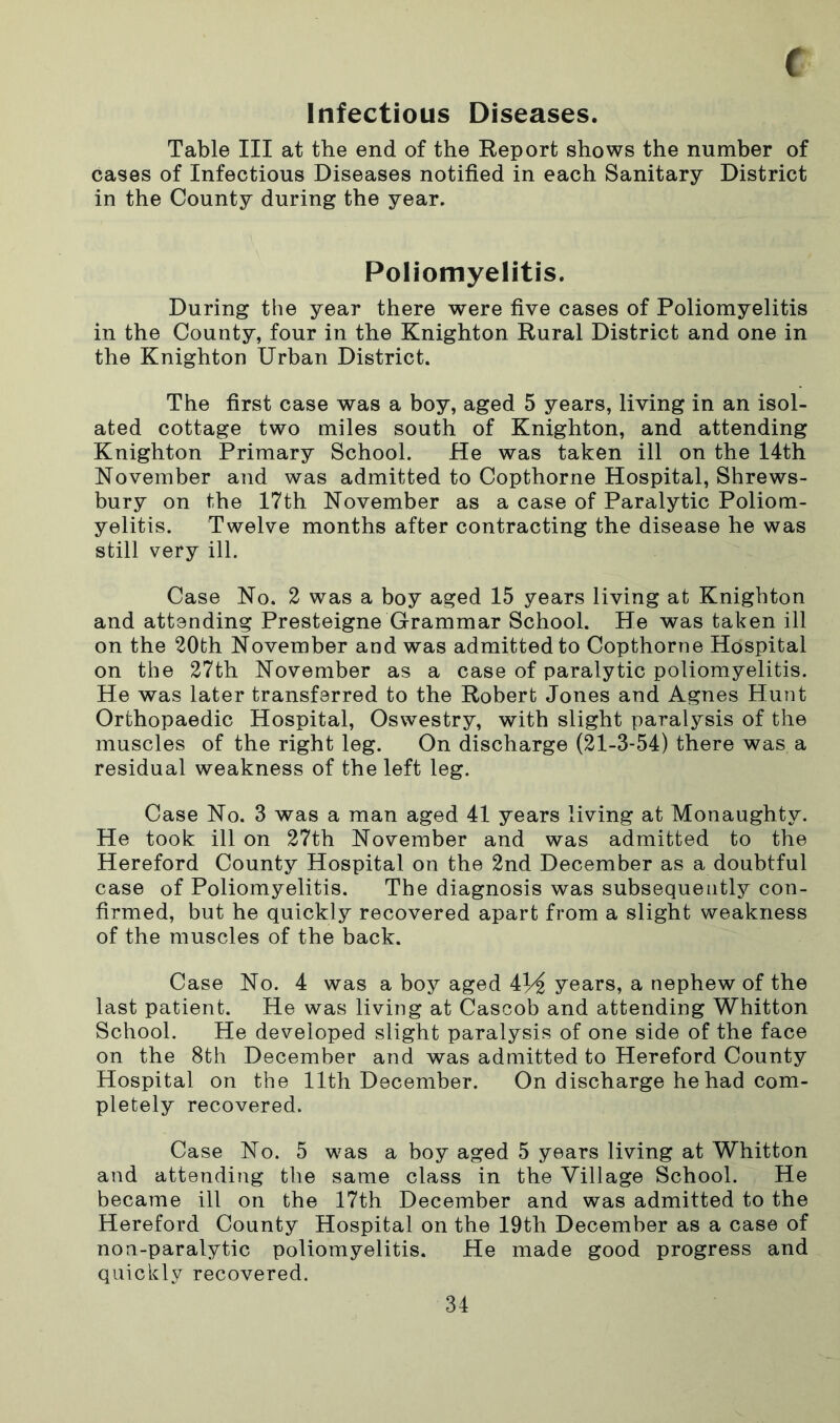 ( Infectious Diseases. Table III at the end of the Report shows the number of cases of Infectious Diseases notified in each Sanitary District in the County during the year. Poliomyelitis. During the year there were five cases of Poliomyelitis in the County, four in the Knighton Rural District and one in the Knighton Urban District. The first case was a boy, aged 5 years, living in an isol- ated cottage two miles south of Knighton, and attending Knighton Primary School. He was taken ill on the 14th November and was admitted to Copthorne Hospital, Shrews- bury on the 17th November as a case of Paralytic Poliom- yelitis. Twelve months after contracting the disease he was still very ill. Case No. 2 was a boy aged 15 years living at Knighton and attending Presteigne Grammar School. He was taken ill on the 20th November and was admitted to Copthorne Hospital on the 27th November as a case of paralytic poliomyelitis. He was later transferred to the Robert Jones and Agnes Hunt Orthopaedic Hospital, Oswestry, with slight paralysis of the muscles of the right leg. On discharge (21-3-54) there was a residual weakness of the left leg. Case No. 3 was a man aged 41 years living at Monaughty. He took ill on 27th November and was admitted to the Hereford County Hospital on the 2nd December as a doubtful case of Poliomyelitis. The diagnosis was subsequently con- firmed, but he quickly recovered apart from a slight weakness of the muscles of the back. Case No. 4 was a boy aged iVi years, a nephew of the last patient. He was living at Cascob and attending Whitton School. He developed slight paralysis of one side of the face on the 8th December and was admitted to Hereford County Hospital on the 11th December. On discharge he had com- pletely recovered. Case No. 5 was a boy aged 5 years living at Whitton and attending the same class in the Village School. He became ill on the 17th December and was admitted to the Hereford County Hospital on the 19th December as a case of non-paralytic poliomyelitis. He made good progress and quickly recovered.