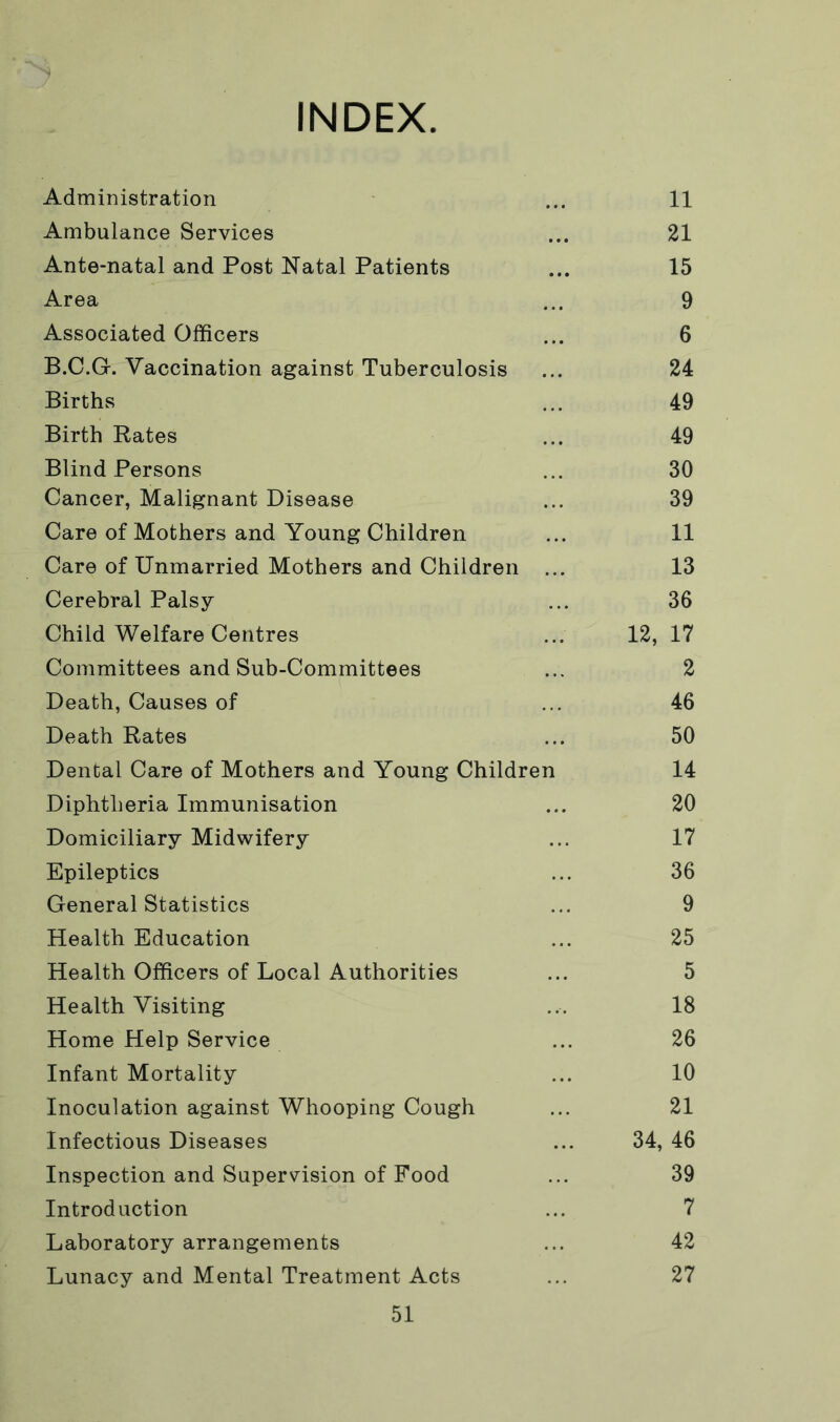 INDEX Administration ... 11 Ambulance Services ... 21 Ante-natal and Post Natal Patients ... 15 Area ... 9 Associated Officers ... 6 B.C.G. Vaccination against Tuberculosis ... 24 Births ... 49 Birth Rates ... 49 Blind Persons ... 30 Cancer, Malignant Disease ... 39 Care of Mothers and Young Children ... 11 Care of Unmarried Mothers and Children ... 13 Cerebral Palsy ... 36 Child Welfare Centres ... 12,17 Committees and Sub-Committees ... 2 Death, Causes of ... 46 Death Rates ... 50 Dental Care of Mothers and Young Children 14 Diphtheria Immunisation ... 20 Domiciliary Midwifery ... 17 Epileptics ... 36 General Statistics ... 9 Health Education ... 25 Health Officers of Local Authorities ... 5 Health Visiting ... 18 Home Help Service ... 26 Infant Mortality ... 10 Inoculation against Whooping Cough ... 21 Infectious Diseases ... 34, 46 Inspection and Supervision of Food ... 39 Introduction ... 7 Laboratory arrangements ... 42 Lunacy and Mental Treatment Acts ... 27