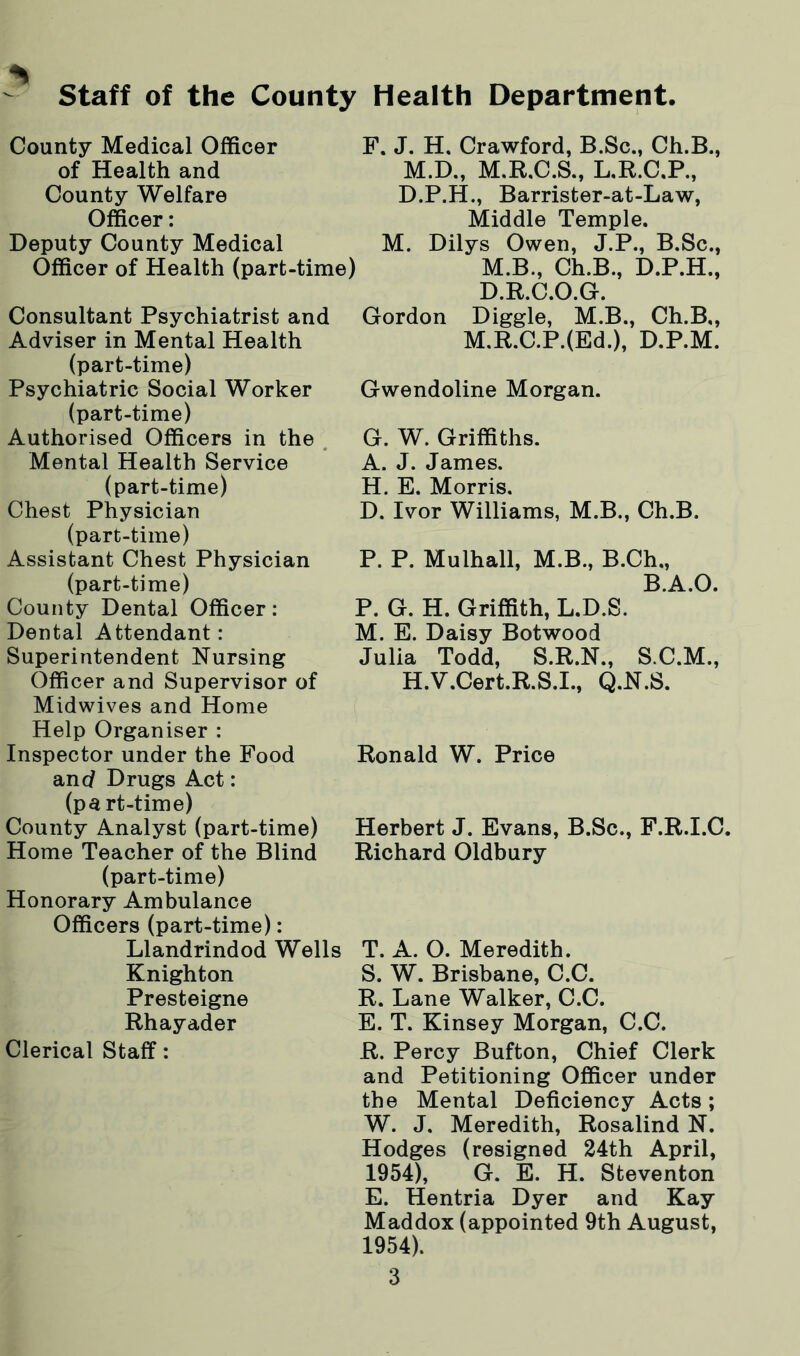 Staff of the County Health Department. County Medical Officer of Health and County Welfare Officer: Deputy County Medical Officer of Health (part-time) F. J. H. Crawford, B.Sc., Ch.B., M.D., M.R.C.S., L.R.C.P., D.P.H., Barrister-at-Law, Middle Temple. M. Dilys Owen, J.P., B.Sc., M.B., Ch.B., D.P.H., D.R.C.O.G. Consultant Psychiatrist and Adviser in Mental Health (part-time) Psychiatric Social Worker (part-time) Authorised Officers in the Mental Health Service (part-time) Chest Physician (part-time) Assistant Chest Physician (part-time) County Dental Officer: Dental Attendant: Superintendent Nursing Officer and Supervisor of Midwives and Home Help Organiser : Inspector under the Food and Drugs Act: (part-time) County Analyst (part-time) Home Teacher of the Blind (part-time) Honorary Ambulance Officers (part-time): Llandrindod Wells Knighton Presteigne Rhayader Clerical Staff: Gordon Diggle, M.B., Ch.B., M.R.C.P.(Ed.), D.P.M. Gwendoline Morgan. G. W. Griffiths. A. J. James. H. E. Morris. D. Ivor Williams, M.B., Ch.B. P. P. Mulhall, M.B., B.Ch., B.A.O. P. G. H. Griffith, L.D.S. M. E. Daisy Botwood Julia Todd, S.R.N., S.C.M., H.V.Cert.R.S.I., Q.N.S. Ronald W. Price Herbert J. Evans, B.Sc., F.R.I.C. Richard Oldbury T. A. O. Meredith. S. W. Brisbane, C.C. R. Lane Walker, C.C. E. T. Kinsey Morgan, C.C. R. Percy Bufton, Chief Clerk and Petitioning Officer under the Mental Deficiency Acts; W. J. Meredith, Rosalind N. Hodges (resigned 24th April, 1954), G. E. H. Steventon E. Hentria Dyer and Kay Maddox (appointed 9th August, 1954).