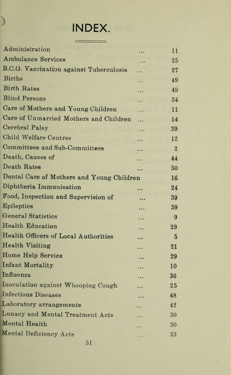 INDEX. ) Administration ... H Ambulance Services ... 25 B.C.G. Vaccination against Tuberculosis ... 27 Births 49 Birth Rates ... 49 Blind Persons ... 34 Care of Mothers and Young Children ... 11 Care of Unmarried Mothers and Children ... 14 Cerebral Palsy ... 39 Child Welfare Centres ... 12 Committees and Sub-Committees ... 2 Death, Causes of ... 44 Death Rates ... 50 Dental Care of Mothers and Young Children 16 Diphtheria Immunisation ... 24 Pood, Inspection and Supervision of ... 39 Epileptics ... 39 General Statistics ... 9 Health Education ... 29 Health Officers of Local Authorities ... 5 Health Visiting ... 21 Home Help Service ... 29 Infant Mortality ... 10 Influenza ... 36 Inoculation against Whooping Cough ... 25 Infectious Diseases ... 48 Laboratory arrangements ... 42 Lunacy and Mental Treatment Acts ... 30 Mental Health ... 30 Mental Deficiency Acts ... 33