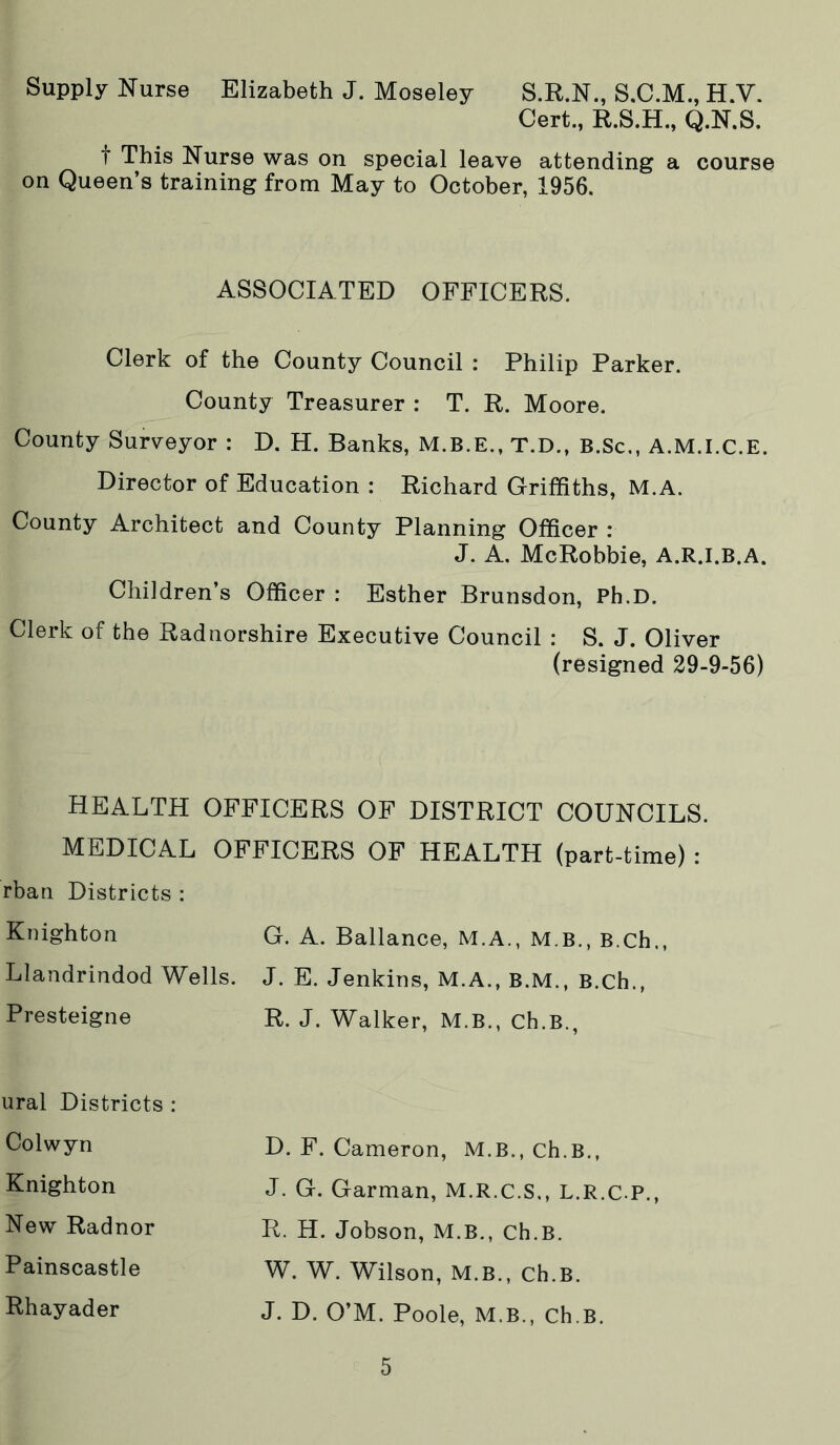 Supply Nurse Elizabeth J. Moseley S.R.N., S.C.M., H.V. Cert., R.S.H., Q.N.S. t This Nurse was on special leave attending a course on Queen’s training from May to October, 1956. ASSOCIATED OFFICERS. Clerk of the County Council : Philip Parker. County Treasurer : T. R. Moore. County Surveyor : D. H. Banks, M.B.E., T.D., B.Sc., A.M.I.C.E. Director of Education : Richard Griffiths, M.A. County Architect and County Planning Officer : J. A. McRobbie, A.R.I.B.A. Children’s Officer : Esther Brunsdon, Ph.D. Clerk of the Radnorshire Executive Council : S. J. Oliver (resigned 29-9-56) HEALTH OFFICERS OF DISTRICT COUNCILS. MEDICAL OFFICERS OF HEALTH (part-time) : rban Districts : Knighton G. A. Ballance, M.A., M.B., B.ch., Llandrindod Wells. J. E. Jenkins, M.A., B.M., B.Ch., Presteigne R. J. Walker, M.B., ch.B., Ural Districts : Colwyn Knighton New Radnor Painscastle Rhayader D. F. Cameron, M.B., Ch.B., J. G. Garman, M.R.C.S., L.R.C P., R. H. Jobson, M.B., Ch.B. W. W. Wilson, M.B., Ch.B. J. D. O’M. Poole, M.B., ch.B.