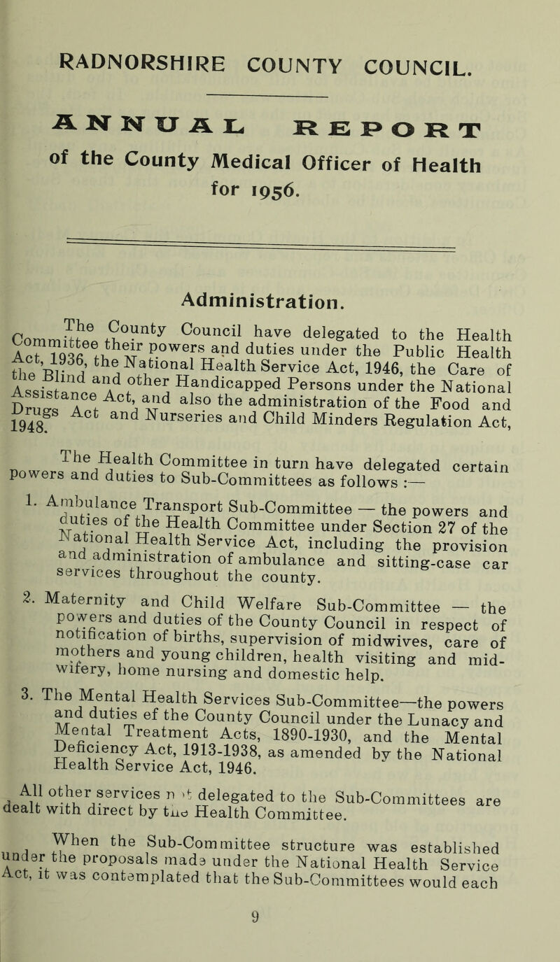 RADNORSHIRE COUNTY COUNCIL. annual report of the County Medical Officer of Health for 1956. Administration. Council have delegated to the Health apd duties under the Public Health the Bll,H Care of AssisfH^AHandicapped Persons under the National Dru^ ^ ^de administration of the Food and ugs Act and Nurseries and Child Minders Regulation Act, Committee in turn have delegated certain powers and duties to Sub-Committees as follows :— 1. Ambulance Transport Sub-Committee — the powers and duties of the Health Committee under Section 27 of the -National Health Service Act, including the provision and administration of ambulance and sitting-case car services throughout the county. 2. Maternity and Child Welfare Sub-Committee — the powers and duties of the County Council in respect of notification of births, supervision of midwives, care of mothers and young children, health visiting and mid- wirery, home nursing and domestic help. 3. The Mental Health Services Sub-Committee—the powers ^ f County Council under the Lunacy and Mental Treatment Acts, 1890-1930, and the Mental Deficiency Act, 1913-1938, as amended by the National Health Service Act, 1946. n delegated to the Sub-Committees are dealt with direct by tiio Health Committee. When the Sub-Committee structure was established under the proposals made under the National Health Service Act, It was contemplated that the Sub-Committees would each