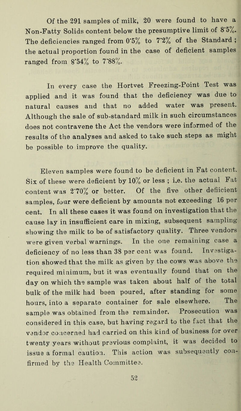 Of the 291 samples of milk, 20 were found to have a Non-Fatty Solids content below the presumptive limit of 8*5%. The deficiencies ranged from 0*5% to 7*2% of the Standard ; the actual proportion found in the case of deficient samples ranged from 8*54% to 7*88%. In every case the Hortvet Freezing-Point Test was applied and it was found that the deficiency was due to natural causes and that no added water was present. Although the sale of sub-standard milk in such circumstances does not contravene the Act the vendors were informed of the results of the analyses and asked to take such steps as might be possible to improve the quality. Eleven samples were found to be deficient in Fat content. Six of these were deficient by 10% or less ; i.e. the actual Fat content was 2*70% or better. Of the five other defiicient samples, four were deficient by amounts not exceeding 16 per cent. In all these cases it was found on investigation that the cause lay in insufficient care in mixing, subsequent sampling showing the milk to be of satisfactory quality. Three vendors were given verbal warnings. In the one remaining case a deficiency of no less than 38 per cent was found. Investiga- tion showed that the milk as given by the cows was above the required minimum, but it was eventually found that on the day on which the sample was taken about half of the total bulk of the milk had been poured, after standing for some hours, into a separate container for sale elsewhere. The sample was obtained from the remainder. Prosecution was considered in this case, but having regard to the fact that the vendor concerned had carried on this kind of business for over twenty years without previous complaint, it was decided to issue a formal caution. This action was subsequently con- firmed by the Health Committee.