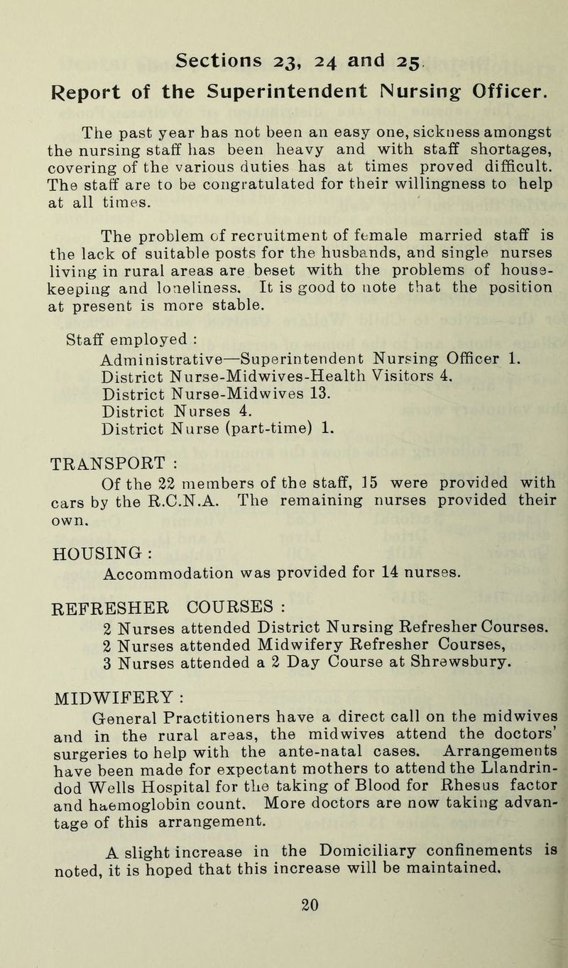 Sections 23, 24 and 25 Report of the Superintendent Nursing Officer. The past year has not been an easy one, sickness amongst the nursing staff has been heavy and with staff shortages, covering of the various duties has at times proved difficult. The staff are to be congratulated for their willingness to help at all times. The problem of recruitment of female married staff is the lack of suitable posts for the husbands, and single nurses living in rural areas are beset with the problems of house- keeping and loneliness. It is good to note that the position at present is more stable. Staff employed : Administrative—Superintendent Nursing Officer 1. District Nurse-Midwives-Health Visitors 4. District Nurse-Midwives 13. District Nurses 4. District Nurse (part-time) 1. TRANSPORT : Of the 22 members of the staff, 15 were provided with cars by the R.C.N.A. The remaining nurses provided their own. HOUSING : Accommodation was provided for 14 nurses. REFRESHER COURSES : 2 Nurses attended District Nursing Refresher Courses. 2 Nurses attended Midwifery Refresher Courses, 3 Nurses attended a 2 Day Course at Shrewsbury. MIDWIFERY : General Practitioners have a direct call on the midwives and in the rural areas, the midwives attend the doctors’ surgeries to help with the ante-natal cases. Arrangements have been made for expectant mothers to attend the Llandrin- dod Wells Hospital for the taking of Blood for Rhesus factor and haemoglobin count. More doctors are now taking advan- tage of this arrangement. A slight increase in the Domiciliary confinements is noted, it is hoped that this increase will be maintained.