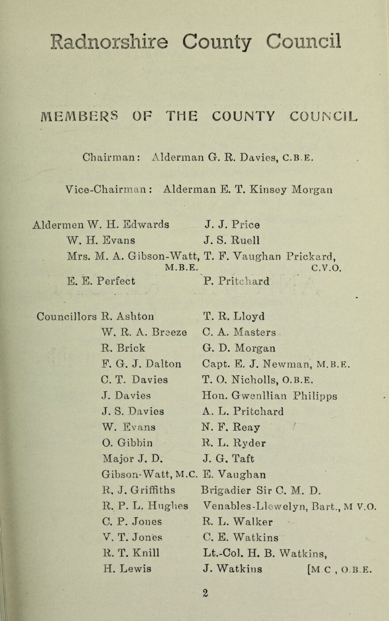 Radnorshire County Council MEMBERS OF THE COUNTY COUNCIL Chairman: Alderman G. R. Davies, C.B.E. Vice-Chairman : Alderman E. T. Kinsey Morgan Aldermen W. H. Edwards J. J. Price W. H. Evans J. S. Ruell Mrs. M. A. Gibson-Watt, T. F. Vaughan Prickard, M.B.E. C.V.O. E. E. Perfect P. Pritchard Councillors R. Ashton W. R. A. Breeze R. Brick F. G. J. Dalton C. T. Davies J. Davies J. S. Davies W. Evans O. Gibbin Major J. D. Gibson-Watt, M.C R, J. Griffiths R. P. L. Hughes C. P. Jones V. T. Jones R. T. Knill H. Lewis T. R. Lloyd C. A. Masters G. D. Morgan Capt. E. J. Newman, M.B.E. T. O. Nicholls, O.B.E. Hon. Gwenllian Philipps A. L. Pritchard N. F. Reay R. L. Ryder J. G. Taft E. Vaughan Brigadier Sir C. M. D. Venables-Llewelyn, Bart., M V.O. R. L. Walker C. E. Watkins Lt.-Col. H. B. Watkins, J. Watkins [M C , O.B.E.