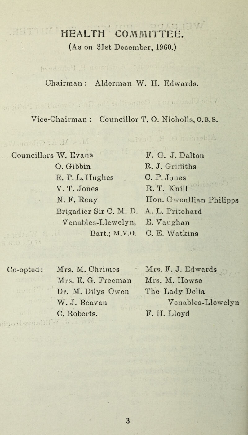 HEALTH COMMITTEE (As on 31st December, 1960.) Chairman : Alderman W. H, Edwards. Vice-Chairman : Councillor T. O. Nicholls, O.B.E. Councillors W. Evans O. Gibbin R. P. L. Hughes V. T. Jones N. F. Reay Brigadier Sir C. M. V enables-Llewely ] Bart.; M.V.< F. G. J. Dalton R. J. Griffiths C. P. Jones R. T. Knill Hon. Gwenllian Philipps ). A. L. Pritchard l, E. Vaughan ). C. E. Watkins Co-opted: Mrs. M. Chrimes Mrs. E. G. Freeman Dr. M. Dilys Owen W. J. Beavan C. Roberts. Mrs. F. J. Edwards Mrs. M. Howse The Lady Delia Venables-Llewelyn F. H. Lloyd