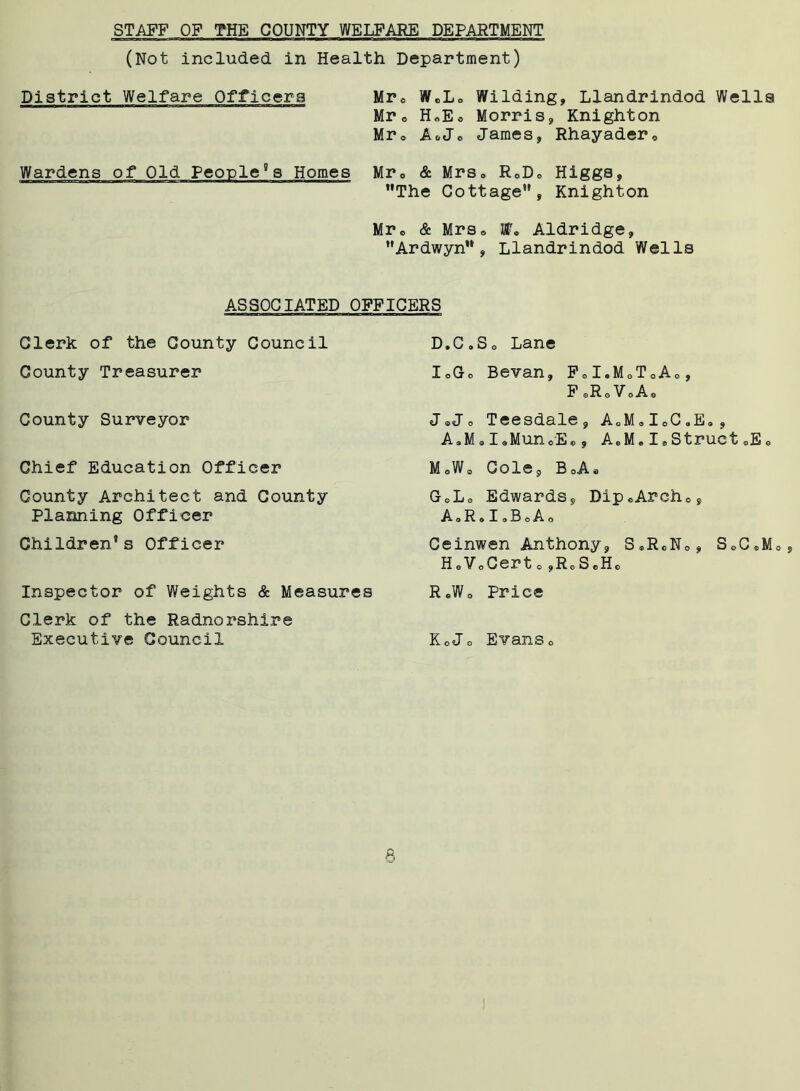 STAFF OF THE COUNTY WELFARE DEPARTMENT (Not included in Health Department) District Welfare Officers Mr* W0Lo Wilding, Llandrindod Wells Mr o HoEo Morris, Knighton Mr* AcJo James, Rhayader* Wardens of Old People8s Homes Mr* & Mrs* RoD* Higgs, The Cottage, Knighton Mr, & Mrs, ML Aldridge, Ardwyn, Llandrindod Wells ASSOCIATED OFFICERS Clerk of the County Council County Treasurer County Surveyor Chief Education Officer County Architect and County Planning Officer Children®s Officer Inspector of Weights & Measures Clerk of the Radnorshire Executive Council D.C„So Lane I,Go Bevan, F#I.M0T0Ao, F 0R0V0A* JoJo Teesdale, A0M0I0C.E9, A,M,I Jun,E,, AoM, I,Struct oEe M,W, Cole, BoA® GoLo Edwards, Dip*Arch*, A,R.I,B,Ao Ceinwen Anthony, S®R0N0, SoC*M0 HoVoCert c,RoSeH0 R J, Price KoJo Evans *