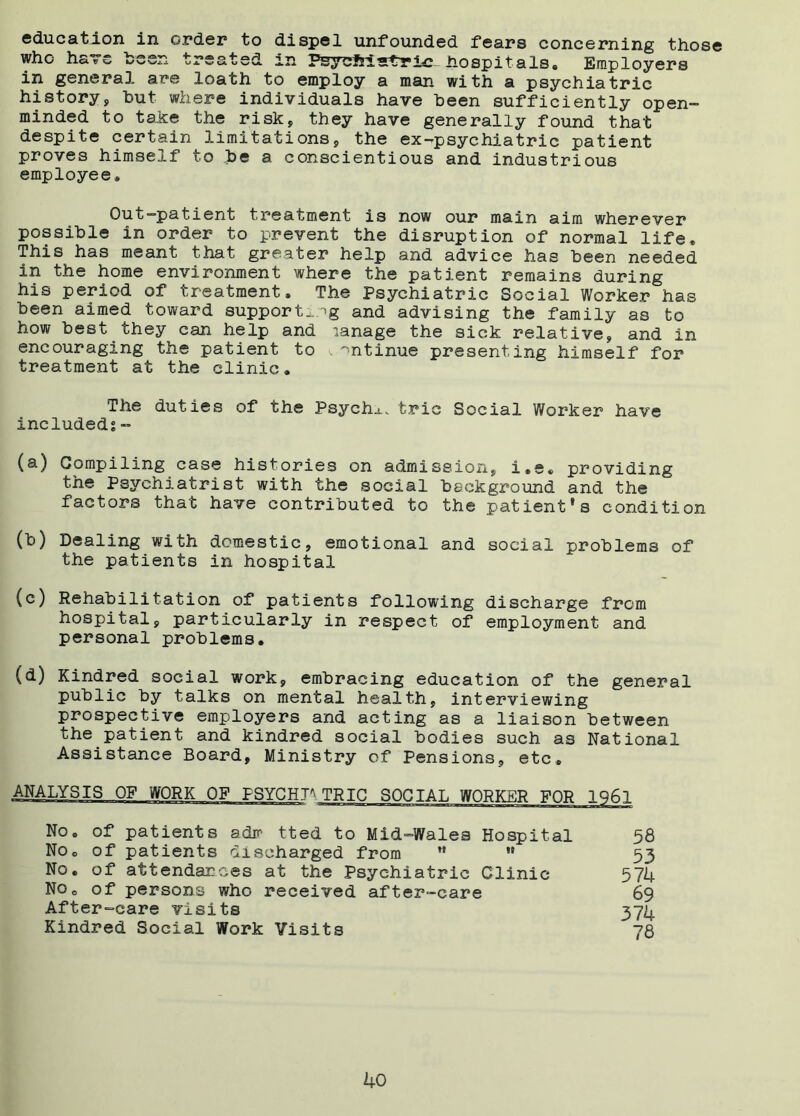 education in order to dispel unfounded fears concerning those who have been treated in Fsycfrisrtrie hospitals. Employers in general are loath to employ a man with a psychiatric history, but where individuals have been sufficiently open- minded to take the risk, they have generally found that despite certain limitations, the ex-psychiatric patient proves himself to be a conscientious and industrious employee* Out-patient treatment is now our main aim wherever possible in order to prevent the disruption of normal life. This has meant that greater help and advice has been needed in the home environment where the patient remains during his period of treatment. The Psychiatric Social Worker has been aimed toward supporting and advising the family as to how best they can help and lanage the sick relative, and in encouraging the patient to ^^ntinue presenting himself for treatment at the clinic. The duties of the Psyche, trie Social Worker have included?- (a) Compiling case histories on admission, i»e, providing the Psychiatrist with the social background and the factors that have contributed to the patient*s condition (b) Dealing with domestic, emotional and social problems of the patients in hospital (c) Rehabilitation of patients following discharge from hospital, particularly in respect of employment and personal problems. (d) Kindred social work, embracing education of the general public by talks on mental health, interviewing prospective employers and acting as a liaison between the patient and kindred social bodies such as National Assistance Board, Ministry of Pensions, etc. No. of patients adm tted to Mid-Wales Hospital 58 No. of patients discharged from ” ” 53 No. of attendances at the Psychiatric Clinic 57U No. of persons who received after-care 69 After-care visits 374 Kindred Social Work Visits 78 ko
