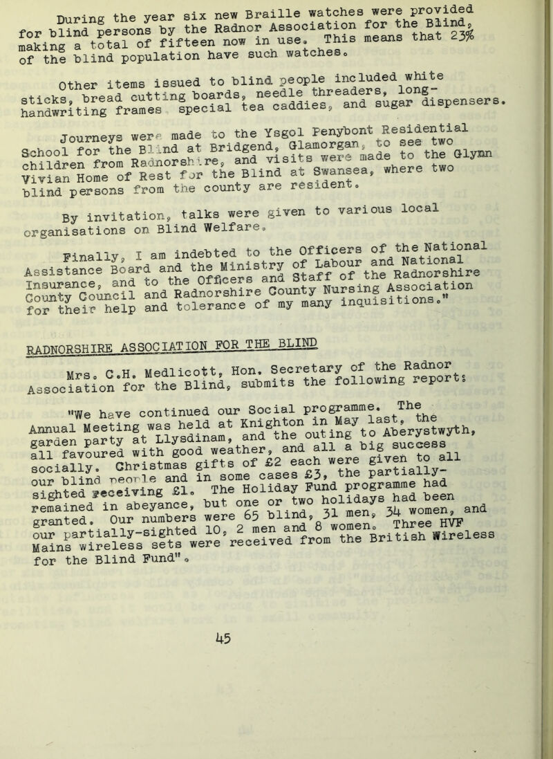 During the year six new Braille watches were provided for blind persons by the Radnor Association for the Blind, making a totS Sf fifteen now in use. This means that 23?S of the blind population have such watches, other items issued to blind people included white handwri t ing3 f rames^spec ialS t ea* caddiesi6 and* sugar °di spenser where two blind persons from the county are resident. By invitation, talks were given to various local organ!sations on Blind. Welfare* a saswsra^s1- RADNORSHIRE ASSOCIATION TOR.THEJBLIMD Mrs c H Medlicott, Hon. Secretary of the Radnor Association”for**the Blind, submits the following reports “We have continued our Social programme. The SEE ^ririt^I/sd^: Siflirl-i^sliftfolV ach were giveh to all _.ir, -K-iirsr] -npoTle and in some cases £3» the pai ciax ^ sight ed^eceiving £1. ^he Holiday Fund programme had^ remained in abeyance, but one °^ *° 34 women, and granted. Our numbers 3Three HVF Malns^Slers sits were’received from the British Wireless for the Blind Fund5' „