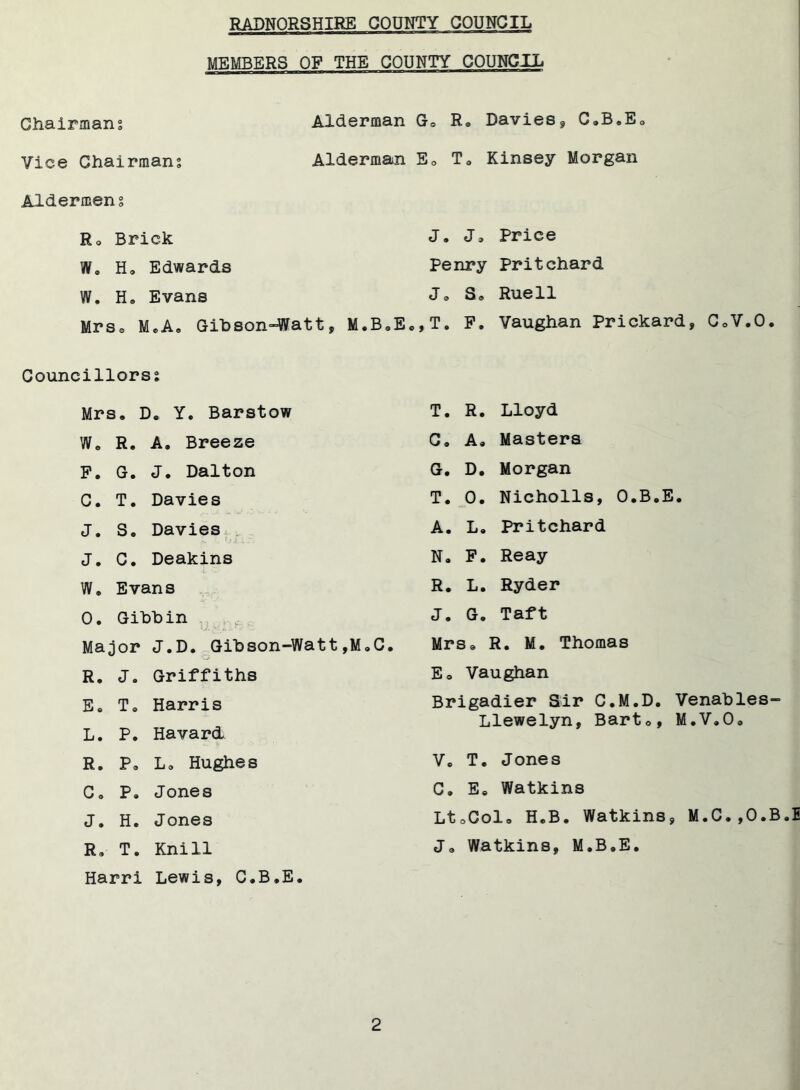 MEMBERS OF THE COUNTY COUNCIL Chairmans Alderman Vice Chairmans Alderman Aldermens R, Brick W. Ho Edwards W. Ho Evans Mrso MeA. Gibson-Watt, M.B.E Councillors? Mrs. D. Y. Barstow Wo R. A. Breeze P. G. J. Dalton C. T. Davies J. S. Davies J. C. Deakins W. Evans 0. Gibbin Major J.D. Gibson-Watt,M.C. R. J. Griffiths E. T. Harris L. P. Havard R. P. L. Hughes Co P. Jones J. H. Jones R. T. Knill Harri Lewis, C.B.E. G0 R. Davies, C.BoE. Eo T. Kinsey Morgan J. J. Price Penry Pritchard J. So Ruell ,T. P. Vaughan Prickard, C.V.O. T. R. Lloyd C. A. Masters G. D. Morgan T. 0. Nicholls, O.B.E. A. L. Pritchard N. F. Reay R. L. Ryder J. G. Taft Mrs. R. M. Thomas Eo Vaughan Brigadier Sir C.M.D. Venables- Llewelyn, Barto, M.V.O. V. T. Jones C. Eo Watkins LtoCol. H.B. Watkins, M.C.,O.B.E J. Watkins, M.B.E.