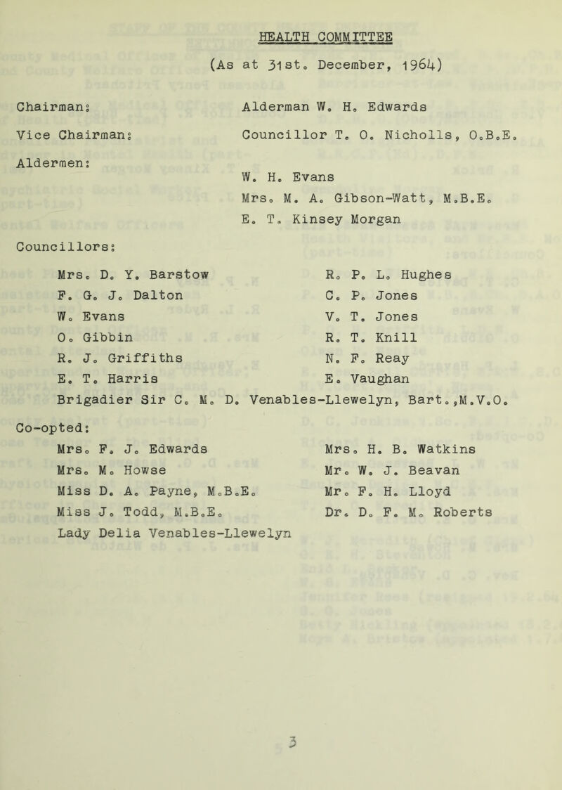 HEALTH COMMITTEE (As at 3ist0 December, 1964) Chairmans Alderman W„ H, Edwards Vice Chairmans Councillor Te 0. Nicholls, 0oBoE« Aldermen; W9 H. Evans Mrs, M. Ac Gibson-Watt, MoB9Ec E9 T, Kinsey Morgan Councillors s Mrs, Dc Y. Barstow P, Ge Jo Dalton Wo Evans Oo Gibbin R* Jo Griffiths E. To Harris Brigadier Sir C0 M0 D, Ro P, L0 Hughes Co P9 Jones Vo T9 Jones Ro T, Knill N, Po Reay Eo Vaughan Venables-Llewelyn, Barto,M.Vo0o Co-opted; Mrso Po Jo Edwards Mrs 0 H o B 0 Watkins MrSo Mo Howse Mr 0 Wo Jo Beavan Miss Do A, Payne, M0B0E0 Mr 0 Po Ho Lloyd Miss Jo Todd, MoBoEo Dr* Do Po Mo Roberts Lady Delia Venables-Llewelyn