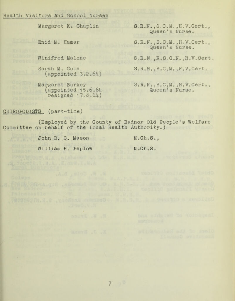 Health Visitors and School Nurses SoReN» , S =, C * M a ,H.V.Certo 9 Queen®s Nurse0 Margaret Ko Chaplin S.R.N.,S<,C.Ma ,H.V.Cert. 9 Queen's Nurse0 Enid M* Hamar SoRoN.,S«C9M,,Ho V,Cert0s Queen's Nurse* Winifred Malone S o R * N o,R,SoC,N0,HoV„Cert. Sarah M,- Cole (appointed 3*2*64) 3*R«N9,S*CeMe,HoVoCert, Margaret Burkey (appointed 1506»64 resigned i7o8<>64) S*R0N*,S.C,M0,H.VoCert*, Queen's Nurse* CHIROPODISTS (part-time) (Employed 'by the County of Radnor Old People's Welfare Committee on behalf of the Local Health Authority,,) John B* C9 Mason M *ChoS„ j William Ho Peplow M *Ch e S o