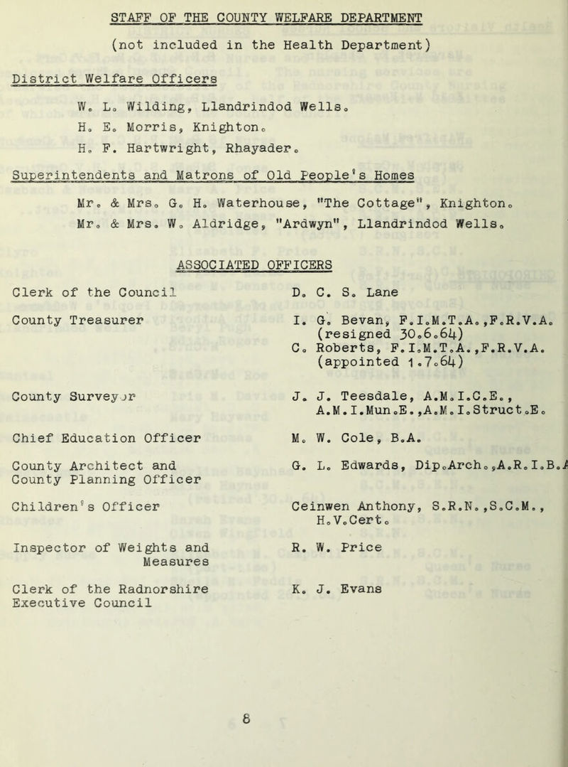 (not included in the Health Department) District Welfare Officers We L0 Wilding* Llandrindod Wells0 Ho Eo Morris* Knightonc Ke F. Hartwright* Rhayader* Superintendents and Matrons of Old People6s Homes Mr„ & MrSo Ge H, Waterhouse* The Cottage*** Knightone Mre & Mrs, Wo Aldridge* Ardwyn, Llandrindod Wells0 ASSOCIATED OFFICERS Clerk of the Council County Treasurer County Surveyjr Chief Education Officer County Architect and County Planning Officer Children's Officer Inspector of Weights and Measures Clerk of the Radnorshire Executive Council D„ C, S, Lane I. G. Bevan* F,IeM»T,A„,F«R.V.A« (resigned 3O06064) Co Roberts* F.,F.R.V.A. (appointed 1«7o64) Ja J. Teesdale, A.Mol.C.E., A.M.I.MunoE.,A0M0I,Struct,E Mo W. Cole* BoA, G. Lo Edwards* Dip0Arch0SA*R0IoB8i Ceinwen Anthony, S.R.N*,S.C.M., HoVoCert 0 R. W. Price Ke J. Evans 6