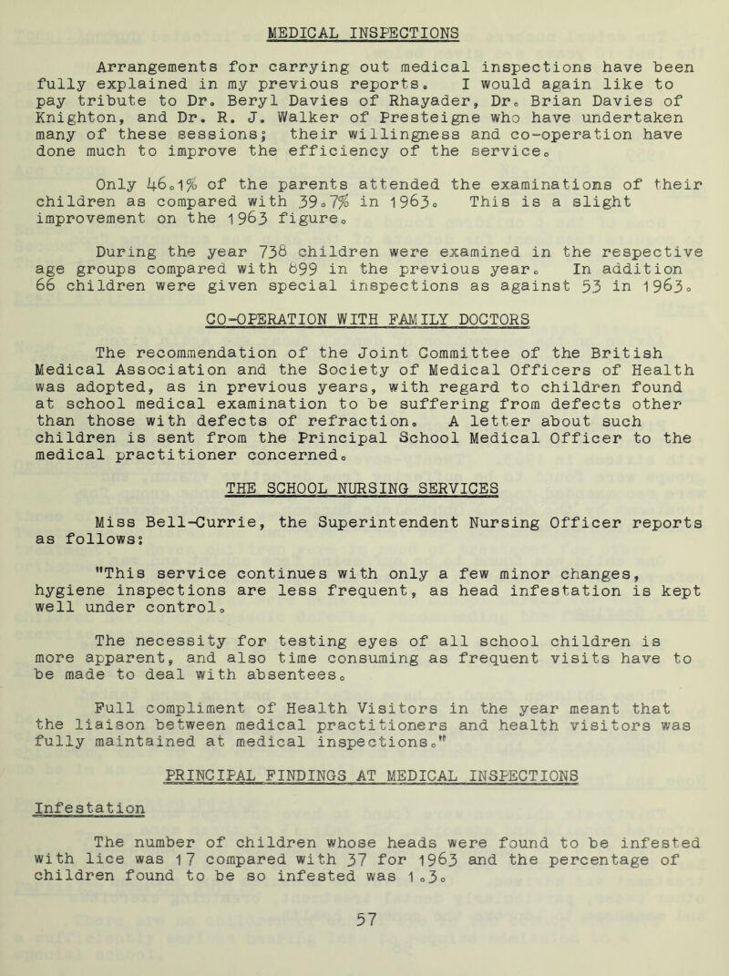 MEDICAL INSPECTIONS Arrangements for carrying out medical inspections have been fully explained in my previous reports. I would again like to pay tribute to Dr. Beryl Davies of Rhayader, Dr. Brian Davies of Knighton, and Dr. R. J. Walker of Presteigne who have undertaken many of these sessions; their willingness and co-operation have done much to improve the efficiency of the service. Only i|6o1% of the parents attended the examinations of their children as compared with 39®7% in 1963o This is a slight improvement on the 1963 figure. During the year 738 children were examined in the respective age groups compared with 699 in the previous year. In addition 66 children were given special inspections as against 53 in 1963° CO-OPERATION WITH FAMILY DOCTORS The recommendation of the Joint Committee of the British Medical Association and the Society of Medical Officers of Health was adopted, as in previous years, with regard to children found at school medical examination to be suffering from defects other than those with defects of refraction. A letter about such children is sent from the Principal School Medical Officer to the medical practitioner concerned. THE SCHOOL NURSING SERVICES Miss Bell-Currie, the Superintendent Nursing Officer reports as follows? This service continues with only a few minor changes, hygiene inspections are less frequent, as head infestation is kept well under control. The necessity for testing eyes of all school children is more apparent, and also time consuming as frequent visits have to be made to deal with absentees. Pull compliment of Health Visitors in the year meant that the liaison between medical practitioners and health visitors was fully maintained at medical inspections. PRINCIPAL FINDINGS AT MEDICAL INSPECTIONS Infestation The number of children whose heads were found to be infested with lice was 17 compared with 37 for 1963 and the percentage of children found to be so infested was 1.3.
