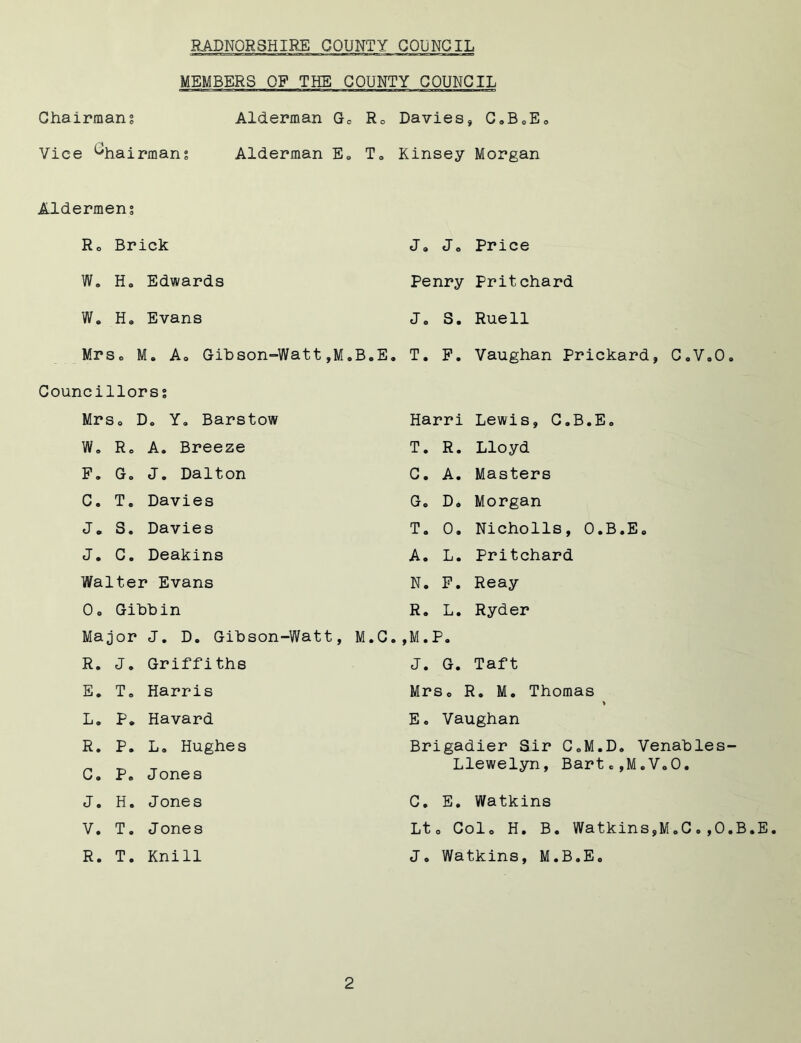 MEMBERS OF THE COUNTY GOUNCIL Chairman? Alderman Go Rc Vice Chairman? Alderman E. T. Aldermens R0 Brick W. Ho Edwards Wo Ho Evans MrSo M. Ao Gibson-Watt,M.B.E. Councillors? MrSo Do Y» Barstow W» Re A. Breeze F. Go J. Dalton C. T. Davies Jo S. Davies J. C. Deakins Walter Evans Oo Gibbin Major J. D. Gibson-Watt, M.C. R. J. Griffiths E. To Harris L. P. Havard R. P. Lo Hughes Co Po Jones J. H. Jones V. T. Jones R. T. Knill Davies, C»B0Eo Kinsey Morgan Jo Jo Price Penry Pritchard Jo S. Rue11 T. F. Vaughan Prickard, C.V»0» Harri Lewis, C.B.E, T. R. Lloyd C. A. Masters Go D» Morgan T. 0. Nicholls, O.B.Eo A. L. Pritchard N. F. Reay R. L. Ryder ,M.P. J. G. Taft MrSo R. M. Thomas % E. Vaughan Brigadier Sir CoM.D* Venables- Llewelyn, Barto,M.Vo0. C. E. Watkins Lto Colo H. B. Watkins,MoCo,O.B.E. J. Watkins, M.B.E.