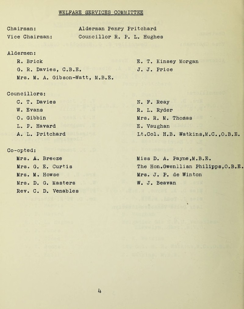 WELFARE SERVICES COMMITTEE Chairmans Alderman Penry Pritchard Vice Chairmans Councillor R. P. La Hughes Aldermens R. Brick G. R. Davies, C.B.E. Mrs. M. A. Gibson-Watt, M.B.E. Councillors s C. T. Davies W, Evans Oo Gibbin L. P. Havard A. L. Pritchard Co-opteds Mrs. A. Mrs. G. Mrs. M. Mrs. D. Rev. C. Breeze E. Curtis Howse G. Masters D. Venables E. T. Kinsey Morgan J. J. Price N. F. Reay R. L. Ryder Mrs. R. M. Thomas E. Vaughan Lt.cCol. H.B. Watkins,M.C. ,O.B.E. Miss D. A. Payne,M.B.E. The Hon.Gwenllian Philipps,O.B.E. Mrs. J. P. de Winton W. J. Beavan k