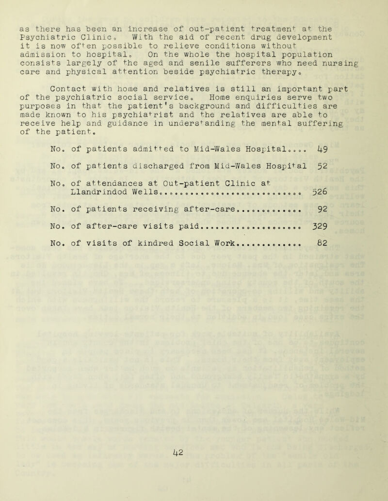 as there has been an increase of out-patient treatment at the Psychiatric Clinic0 With the aid of recent drug development it is no?!? often possible to relieve conditions without admission to hospital,. On the whole the hospital population consists largely of the aged and senile sufferers who need nursing care and physical attention beside psychiatric therapy0 Contact with home and relatives is still an important part of the psychiatric social service0 Home enquiries serve two purposes in that the patient’s background and difficulties are made known to his psychiatrist and the relatives are able to receive help and guidance in understanding the mental suffering of the patiente No© of patients admitted to Mid-Wales Hospital.... 49 NOo of patients discharged from Mid-Wales Hospital 52 NOo of attendances at Out-patient Clinic at ±j 1 anarindod WeilSo.o.oo3.©.o©o©©oooo©Go..©..o u 2 8 No. of patients receiving after-care...0.© © ©..© ©. 92 No. of after-care visits paid......,.©©..©©©..©© © 329 No. of visits of kindred Social Work. 82