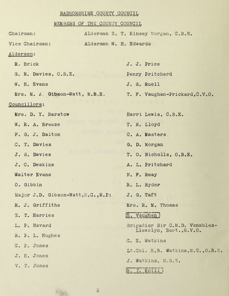 MEMBERS OF THE COUNTY Chairman? Alderman S. Vice Chairman? Alderman W. Aldermen? R0 Brick G. R, Davies, C.B.E. Wo H. Evans Mrso M. A. Crimson-Watt, M.B.E, Councillors? Mrso D. Y. Barstow W» Ro A. Breeze Fo Go J. Dalton C. T. Davies J. S. Davies J. C. Deakins Walter Evans Oo Gihbin Major J.D. Gibson-Watt,M.C.,M.P: R. J. Griffiths E. T. Harries L. Po Havard Ro P. L. Hughes Co Po Jones J. H. J one s Vo T. Jones COUNCIL T. Kinsey Morgan, C.B.E. Ho Edwards Jo Jo Price Penry Pritchard Jo So Ruell T. Fo Vaughan-Prickard,C.V.O. Harri Lewis, C.BoEo T» Ro Lloyd C« Ao Masters G. D. Morgan T. 0. Nicholls, O.B.E. Ao L. Pritchard N. F. Reay Ro L. Ryder Jo G. Taft Mrs. R. M. Thomas ,lE. Vaughanl Brigadier Sir C.M.D. Venables- Llewelyn, Bart.,M.V.O. Co Eo Watkins Lt.Cole H.B. Watkins,M.Co,O.B.E. J* Watkins, M.B.E. !r7~77 ~ K n i III