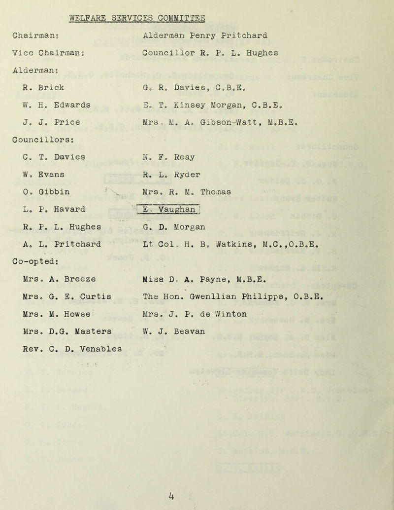 WELFARE SERVICES COMMITTEE Chairmans Alderman Penny Pritchard Vice Chairmans Councillor R0 P. L. Hughes Aldermans R. Brick Co R0 Davies* C0BcEc Wo He Edwards E0 To Kinsey Morgan* C.B.E0 Jo J0 Price Mrs , M. Ao Cihson-'Watt * M.B0E0 Councillors s Co To Davies N. Fo Reay W o Evans R. Lo Ryder 0. Cibhin MrSo Ro Mo Thomas Lo P. Havard E . Vaughan ■! Ro P. L» Hughes Go Do Morgan A, Lo Pritchard Lt, Col., H. Bo Watkins, M,C.,0.B.E« Co-opted: Mrs* A* Breeze Miss D. A. Payne, M.B.E. MrSo G. E. Curtis The Hon. Gwenllian Philipps, O.B.E Mrs. M. Howse Mrs. J. P. de Winton Mrs. D.G. Masters W. J. Beavan Rev. C. D. Venables