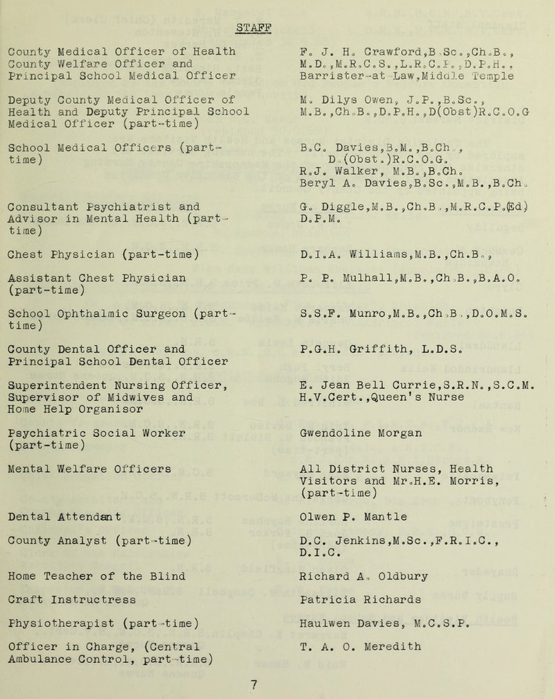 County Medical Officer of Health County Welfare Officer and Principal School Medical Officer STAPH Fo J. Ho Grawford,B >Sc» jGh»B,, M»Do,M0RoC o S„,LoRoC.P„5D.P,H.. Barrister-at Law,Middle Temple Deputy County Medical Officer of Health and Deputy Principal School Medical Officer (part-time) M* Dilys Owen, JcP.,B„Sc *, M.B.,Ch„B.,D#PoH.,D(Obst)R«CoO.G School Medical Officers (part- time) BoCo Davies,B0M„,BcCh. , D , (Obst„)R„C,OoG, R0J0 Walker, M.Ba}B0Ch0 Beryl Ao Davies,B0Sc»,M.B.,B„Ch, Consultant Psychiatrist and Advisor in Mental Health (part- time) Co Diggle,M.B. ,Gh»B , ,M„R.C.P.flSd) D o F • M o Chest Physician (part-time) DoIoAo Williams,M.B.,Ch.Bo, Assistant Chest Physician (part-time) P0 P, Mulhall,M„B.,Ch ,B.,B.A.O. School Ophthalmic Surgeon (part- time ) S0S ,P9 Munro,MoB0,Ch,B,,D.O.M0S. County Dental Officer and Principal School Dental Officer P.G.H. Griffith, LaD.Se Superintendent Nursing Officer, Supervisor of Midwives and Home Help Organisor Eo Jean Bell Currie,3.R.N„,S.C.M H.V.Cert.,Queen's Nurse Psychiatric Social Worker (part-time) Gwendoline Morgan Mental Welfare Officers All District Nurses, Health Visitors and Mr,H.E. Morris, (part-time) Dental Attendant Olwen P. Mantle County Analyst (part-time) D.C. Jenkins,M.Sc.,F.R.I.C., D.I.C. Home Teacher of the Blind Richard A. Oldbury Craft Instructress Patricia Richards Physiotherapist (part-time) Haulwen Davies, M.C.S.P. Officer in Charge, (Central Ambulance Control, part-time) T. A. 0. Meredith