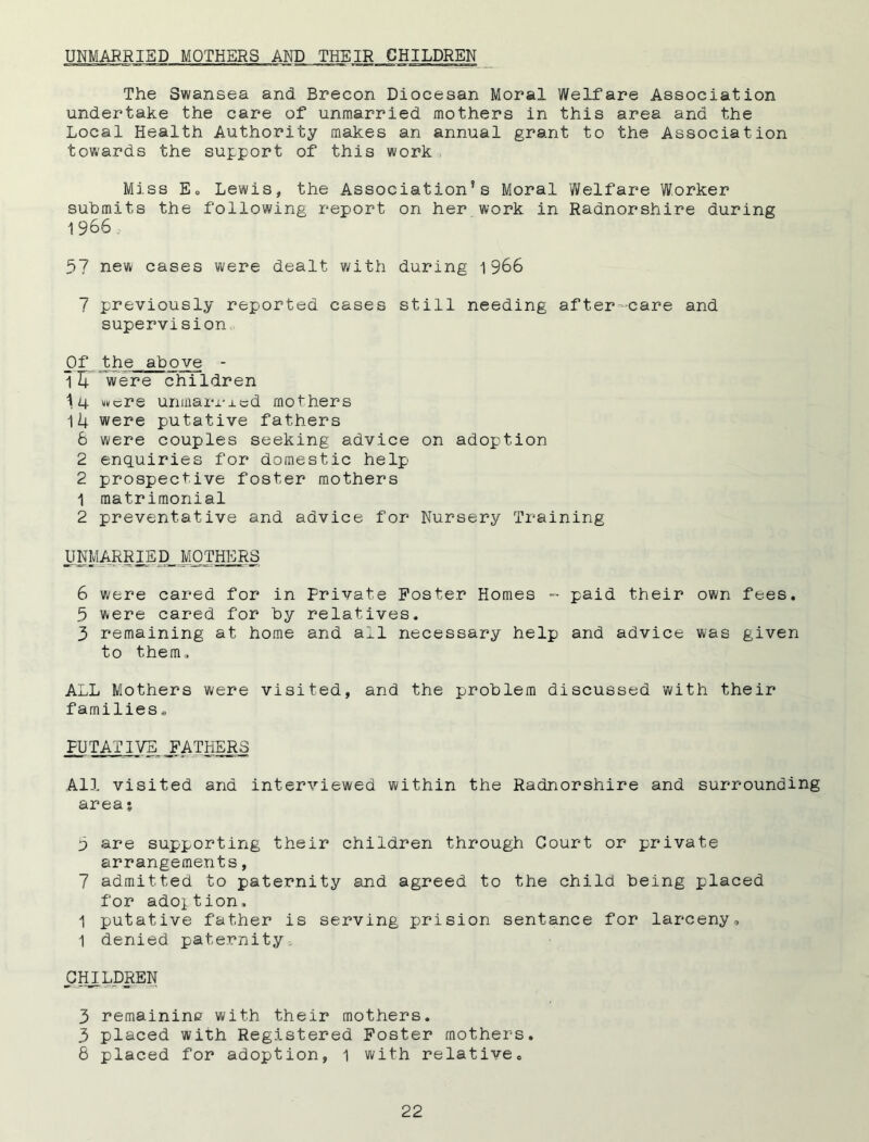 UNMARRIED MOTHERS AND THEIR CHILDREN The Swansea and Brecon Diocesan Moral Welfare Association undertake the care of unmarried mothers in this area and the Local Health Authority makes an annual grant to the Association towards the support of this work Miss E, Lewis, the Association’s Moral Welfare Worker submits the following report on her work in Radnorshire during 1 966 57 new cases were dealt with during 1966 7 previously reported cases still needing after-care and supervision Of the above - 11T were children were unmarried mothers 14 were putative fathers 6 were couples seeking advice on adoption 2 enquiries for domestic help 2 prospective foster mothers 1 matrimonial 2 preventative and advice for Nursery Training UNMARRIED MOTHERS 6 were cared for in Private Poster Homes - paid their own fees. 5 were cared for by relatives. 3 remaining at home and all necessary help and advice was given to them. ALL Mothers were visited, and the problem discussed with their families,, PUTATIVE FATHERS All visited ana interviewed within the Radnorshire and surrounding area; 5 are supporting their children through Court or private arrangements, 7 admitted to paternity and agreed to the child being placed for adoption. 1 putative father is serving prision sentance for larceny. 1 denied paternity., CHILDREN 3 remaining with their mothers. 3 placed with Registered Poster mothers. 8 placed for adoption, 1 with relative.