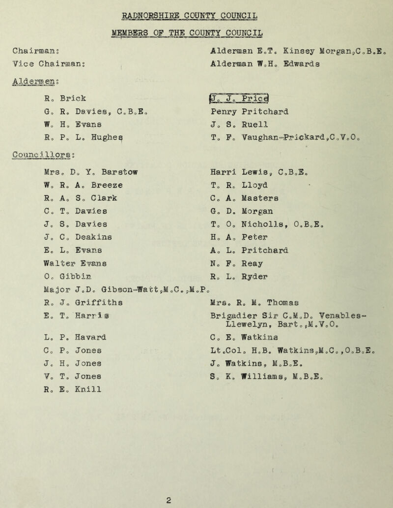 MEMBERS OF THE COUNTY COUNCIL Chairman? Alderman E0TC Kinsey Morgan9CoB0 Vice Chairman? Alderman W3H0 Edwards Aldermens R0 Brick fj0 Jo Pried Go Ro Davies* G0B0E0 Penny Pritchard Wo H0 Evans Jo So Ruell Ro Po L0 Hughey To Po Vaughan-Priekards,GoYoOo Councillors s MrSo Do Y0 Barstow Harri Lewis* CoB0E0 Wo Ro Ao Breeze To Rc Lloyd Ro Ao So Clark Go Ao Masters Co To Davies Go D. Morgan Jo So Davies To Oo Nicholls, 09BoEo Jo Co Deakins Ho Ao Peter E0 L0 Evans Ao Lo Pritchard V/alter Evans No Po Reay Oo Gibbin Ro Lo Ryder Major JoDo Gibson-Watt9M„Ce 5M0P0 Ro Griffiths MrSo Ro Mo Thomas Eo To Harrie Brigadier Sir CoM0D0 Venables- Llewelyn, Barto*MoYo0o Lo Po Havard Co Eo Watkins Co Po Jones LteColo HoBo Watkins?MoCo,OoBoEo Jc Ho Jones Jo Watkins* M0B0E. Yo To Jones Ro Eo Knill So K, Williams, M0BoE0