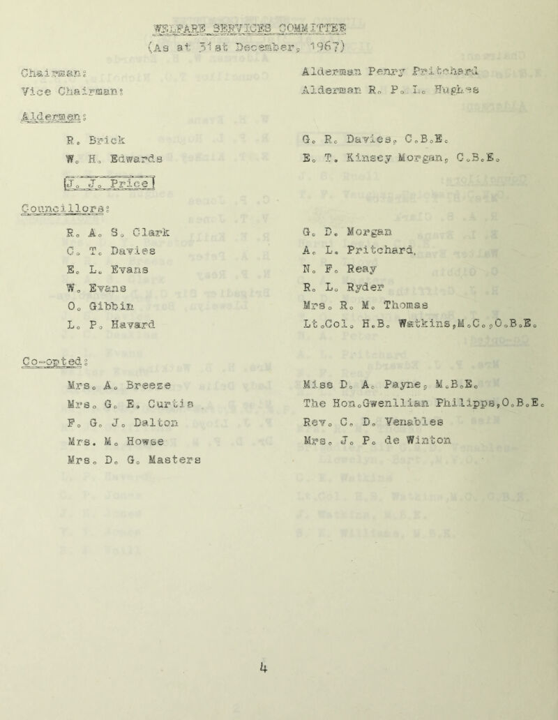 Chairman? Vice Chairman W^LFARS SBB.Vj.CB3 COMMITTEE (As a t 31st Beeeaber9 1967j Aider-man Penry Pritchard Alderman R0 P» Lc Hughes Aldermens R* Brick Go Ro Davie So G»BJC Wo H„ Edwards Eo T. Kinsey Morgan^ 0.5 J.0 iJQ Jo Price! Councillorss Ro Ao So Clark Go De Morgan Co To Dairies Ao L« Pritchard, Eo Lo Evans No Fo Reay W0 Evans Ro L0 Ryder 0o Gibbin Mr So Ro Mo Thomas L0 Po Havard Lt eColo HoBo WfetkinSyMoCopCoBoEo Co—on teds MrSo Ao Breeze Miss Do Ao Payne9 MCB0E0 Mrs o Go E9 Curtis The : Hon oGweni1ian Philipps»00B0Ee Fo G 0 j o Dalton Ee?o Go Do Yens.oles Mrs. M o Howse Mrs o J o Po de Winton Mrs o Do Go Masters