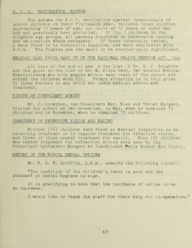 B^C c__Qa_ JgAGCINATION SCHEME The scheme for B vaccination against tuberculosis of school children in their fourteenth year, includes those children approaching 13 years of age® and those of 14 years or older who had not previously been protected0 Of the 7 children in the eligible age groups, all parents consented to tuberculin testing and vaccination where necessaryo Of5 those tuberculin tested, 4 were found to be tuberculin negatives, and were vaccinated with BoCoGo The figures are too small to be statistically significant0 MgBICALP^iL jnL_OP THE NATIONAL HEALTJ^^SRVIGE ACT! 1946 All boys at the sen ol are n the list >f Dr„ H0 Jc Houghton and the girls on the list of Dp0 Mc Dilya Owen, two General Medical Practitioners who both reside within easy reach of the school and attend the children when ill0 Prompt attention is in fact given by these doctors to any child who needs medical advice and treatment0 VISITS OF CONSULTANT AURXST Mr o Crowther, the Consultant Ear, Nose and Throat Surgeon visited the school on two occasions, in May, when he examined 14 children and in November, when lie examined 15 children,. TREATMENT OF DEFECTIVE VISION Sixteen (16) children were found at Medical Inspection to be receiving treatment or to require treatment for defective vision, and three of these needed treatment for squint<> Nisi© (9) children who needed treatment for refraction errors were seen by the Consultant Ophthalmic Burgeon at Llandrindod Wells School Eye Clinic0 REPORT OFTVS SCHOOL DENTAL OFFICER Mr*, Po Go Ho Griffith, LcD0So, submits the following reportt~ ’’The condition of the children's teeth is good and the standard of dental hygiene is higho It is gratifying to note that the incidence of caries she vs no increase,, I would like to thank the staff for their help and co-operation,