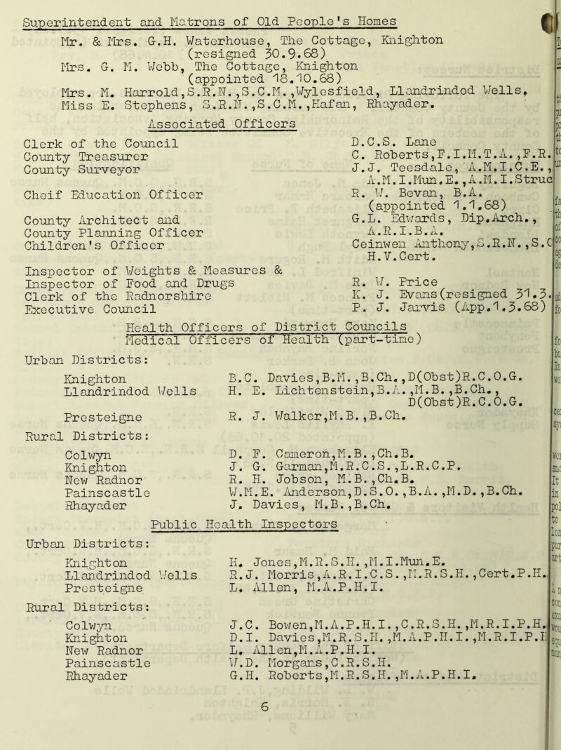 Superintendent and Matrons of Old People's Homes Mr. & Mrs. G.H. Waterhouse, The Cottage, Knighton (resigned 30.9-68) Mrs. G. M. Webb, The Cottage, Knighton (appointed 18.10.68) Mrs. M. Harrold,S.R.N.,S.C.M.,Wylesfield, Llandrindod Wells, Miss E. Stephens, S.R.N.,S.C.M.,Hafan, Rhayader. Associated Officers Clerk of the Council County Treasurer County Surveyor D.C.S. Lane C. Roberts,F.I.M.T.A.,F.R. J.J. Teesdalc, A.M.I.C.E., A.M.I.Mun.E.,A.M.I.Struc ai tl Pi ?i 1 tc HD Cheif Education Officer County Architect and County Planning Officer Children's Officer R. W. Bevan, B.A. (appointed 1.1.68) G.L. Edwards, Dip,Arch., “ A.R.I.B.A. C e inw en Anthony, S. R. N., S. C Cf: H.V.Cert. Inspector of Weights & Measures & Inspector of Food and Drugs Clerk of the Radnorshire Executive Council R. W. Price K. J. Evans (resigned 31.3. ad P. J. Jarvis (App.1.3.68) f0 Health Officers of District Councils Medical Officers of Health (part-time) Urban Districts: Knighton B.C. Davies,B.M.,B.Ch»,D(0bst)R.C.0.G. Llandrindod Wells H. E. Lichtenstein,B.A.,M.B.,B.Ch., D(0bst)R.C.0.G. Presteigne R. J. Walker,M.B.,B.Ch. Rural Districts: fo ba' Sa we: ce: sy; Colwyn Knighton New Radnor Painscastle Rhayader D. F. Cameron,M.B.,Ch.B. J. G. Garmon,M.R.C.S.,L.R.C.P. R. H. Jobson, M.B.,Ch.B. W.M.E. Anderson,D.S.O.,B.A.,M.D J. Davies, M.B.,B.Ch. Public Health Inspectors Urban Districts: Knighton H* Jones,M.R.S.H.,M.I.Mun.E. Llandrindod Wells R.J. Morris,A.R.I.C.S.,H.R.S.H. Presteigne L. Allen, M.A.P.H.I. wci ,B.Ch. Cert. P. II StiC It in pol to Ion pur art ii n Rural Districts: Colwyn Knighton New Radnor Painscastle Rhayader J.C. Bowen,M.A.P.H.I.,C.R.S.H. ,M.R.I.P.H., D.I. Davies,M.R.S.H.,M.A.P.H.I.,M.R.I.P.E L. Allen,M.A.P.H.I. W.D. Morgans,C.R.S.H. G.H. Roberts,M.R.S.H.,M.A.P.H.I. con exa won equ nan;
