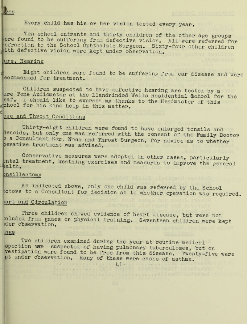 every year. Every child, has his or her vision tested Ten school entrants and thirty children of the other age groups rere found to he suffering from defective vision. All were referred for '^fraction to the School Ophthalmic Surgeon. Sixty-four other children gi'ith defective vision were kept under observation. ars. Hearing Eight children were found to he suffering from ear disease and were ecommenddd for treatment. Children suspected to have defective hearing are tested hy a ure Tone Audiometer at the Llandrindod Wells Residential School for the eaf. I should like to express my thanks to the Headmaster of this ;aphool for his kind help in this matter. sd ose and Throat Conditions Thirty-eight children were found to have enlarged tonsils and ienoids, hut only one was referred with the consent of the Family Doctor P a Consultant Ear-, ITone and Throat Surgeon, for advice as to whether perative treatment was advised. Conservative measures were adopted in other cases, particularly pntal treatment, beathing exercises and measures to improve the general ^ 3.1 tin • As indicated above, only one child was referred hy the School >ctors to a Consultant for decision as to whether operation was required. ;art and Circulation Three children showed evidence of heart disease, hut were not :cluded from games or physical training. Seventeen children were kept ider observation. * Two children examined during the year at routine medical .spec t ion. wos suspected of having pulmonary tuberculoses, hut on vestigation were found to he free from this disease. Twenty—five were pt under observation. Many of these were cases of asthma.