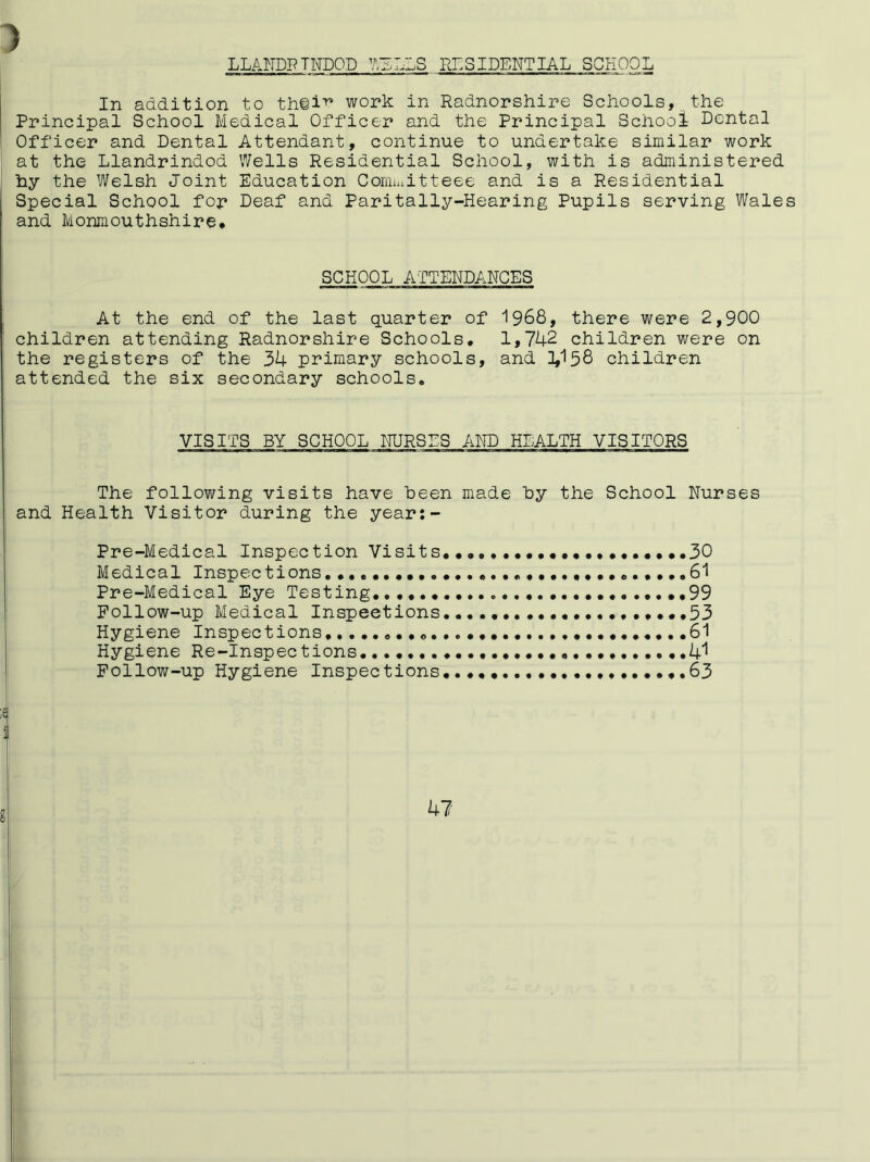 LLANDPTNDOD WELLS RESIDENTIAL SCHOOL In addition to th©!^ work in Radnorshire Schools, the Principal School Medical Officer and the Principal School Dental Officer and Dental Attendant, continue to undertake similar work at the Llandrindod Wells Residential School, with is administered hy the Welsh Joint Education Comiaitteee and is a Residential Special School for Deaf and Paritally-Hearing Pupils serving Wales and Monmouthshire, SCHOOL ATTENDANCES At the end of the last quarter of 1968, there were 2,900 children attending Radnorshire Schools, 1,742 children were on the registers of the 34 primary schools, and 3,15 8 children attended the six secondary schools. VISITS BY SCHOOL NURSES AND HEALTH VISITORS The following visits have been made hy the School Nurses and Health Visitor during the year:- Pre-Medical Inspection Visits, ,,,,,,,,,,,,,30 Medical Inspections., 61 Pre-Medical Eye Testing, ,.,,99 Follow-up Medical Inspections ••#,53 Hygiene Inspections . 61 Hygiene Re-Inspections, ,,,,, ,41 Follow-up Hygiene Inspections ,.63