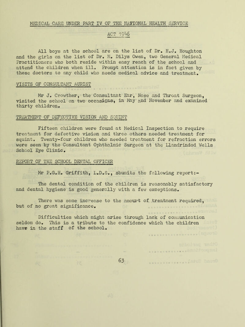 MEDICAL CARE UNDER PART IV OF THE NATIONAL HEALTH SERVICE ACT 19^6 All boys at the school are on the list of Dr. H.J. Houghton and the girls on the list of Dr. M. Dilys Owen, two General Medical Practitioners who both reside within easy reach of the school and attend the children when ill. Prompt attention is in fact given by these doctors to any child who needs medical advice and treatment. VISITS OF CONSULTANT AURIST Mr J. Crowther, the Consultant Ear, Nose and Throat Surgeon, visited the school on two occasions, in May and November and examined thirty children. TREATMENT OF DEFECTIVE VISION AND SQUINT Fifteen children were found at Medical Inspection to require treatment for defective vision and three others needed treatment for squint. Twenty-four children who needed treatment for refraction errors were seen by the Consultant Ophthalmic Surgeon at the Llandrindod Wells School Eye Clinic. REPORT OF THE SCHOOL DENTAL OFFICER Mr P.G.H. Griffith, L.D.S., sbumits the following report The dental condition of the children is reasonably satisfactory and dental hygiene is good generally with a few exceptions. There was some increase to the amount of treatment required, but of no great significance. Difficulties which might arise through lack of communication seldom do. This is a tribute to the confidence which the children have in the staff of the school.