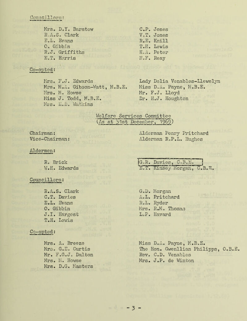 C’onncillorG ^ Mrs, D.Y. Barstow C.P. Jones R.A.S, Clark VoT. Jones E.L. Evans R.S. Knill 0, Gibbin T.H. Lewis R.J, Griffiths HE. A. Peter E.T, Hearts IMF. Re ay Co-opted; Hrso F.J. Edwards Mrs. M.A, Gibson.V/att, M.B.E. Mrs, M. Kov'se Miss J. Todd, M.B.E. Ml'S. K. B. V/atkins Lady Delia Venables~Llev;elyn Miss D,A. Payne, M,B.E, Mr. F.J. Lloyd Dr. H.J. Houghton Vfelfare Services Committee {As at 31st December, 19^9) Chairman: Vice-Chairman: Alderman Penry Pritchard Alderman RoP.L, Hughes Al.dermen: R, Brick V/,H. Edwards Councillors; R.A.S. Clark C.T. Davies E.L. Evans 0. Gibbin J.I. Hargest T.H. Lewis Co-opted; Mrs. A. Breeze Mrs, G.E. Curtis Mr. F.G.Jo Dalton Mrs. M. Hoivse Mrs. D.G. Masters IGoR. Davies,''‘c™B.’Er~‘ | ST. KinseyI'-I^org^, C.B.E. G.D. Morgan XL ft L. Pritchard R.L. Ryder Mrs. R.Mo Thomas L.P. Havard Miss D.A. Payne, M.B.E, The Hon. Gwenllian Philipps, O.B. Rev, C.D. Venables Mrs. J.P. de V/inton