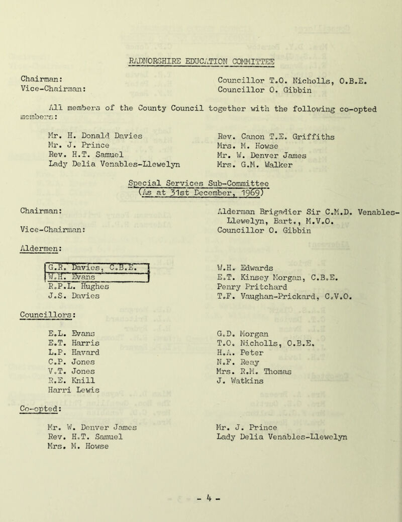 R/J)N0RSHIR5 EDUCATION COMMIT'TEE Chairman: Vice-Chairman; All membera of the Coimty Council memberE: Mr. H. Donald Davies Mr. J. Prince Rev. H.T. Samuel Lady Delia Venables-Llewelyn Councillor T.O. Nicholls, O.B.E. Councillor 0. Gibbin together with the following co-opted Rev. Canon T.E. Griffiths Mrs. M. Howse Mr. W. Denver James Mrs. G.M. Walke r Special Services Sub-Committee (/is at 31st December, 19^9^ Chairman: Vic e-Chairman: Aldermen; G.R. Davies, S’,fiILT TjeH. Ev’-ans RoP.L. Hughes JeS. Davies Councillors; E.L. Evans EoT. Harris L.P. Havard C.P. Jones VoT. Jones R.E. Knill Harri Lewis Co-opted; Mr. VI. Denver James Rev. H,T. Samuel Mrs. M. Howse Alderman Brigadier Sir C.M.D. Venable Llewelyn, Bart., M.V.O, Councillor 0. Gibbin V/.H.- Edwards EoT. Kinsey Morgan, C.BoE. Penry Pritchard ToF. Vaughan-Prickard, CcV.O. GcD. Morgan T.O. Nicholls, O.B.E, HoA. Peter NoF. Reay Mrs. R.Mo Thomas J. Watkins Mr, J. Prince Lady Delia Venables-Llewelyn