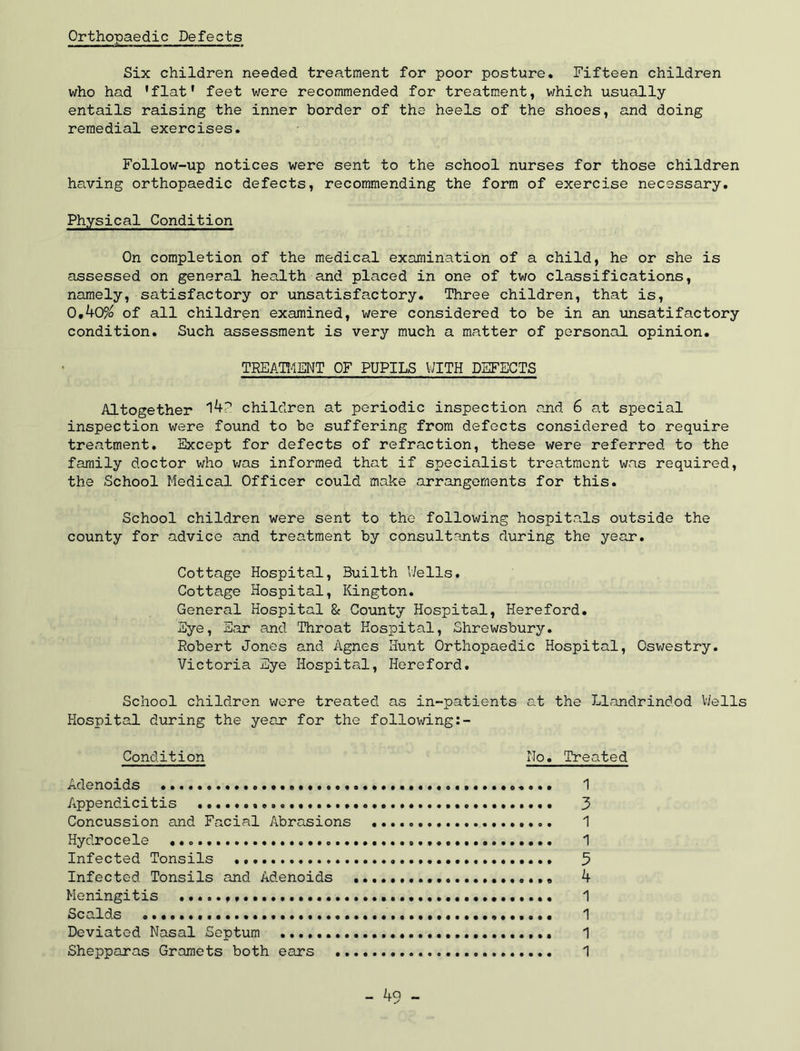 Six children needed treatment for poor posture. Fifteen children who had 'flat' feet were recommended for treatment, v/hich usually entails raising the inner border of the heels of the shoes, and doing remedial exercises. Follow-up notices were sent to the school nurses for those children having orthopaedic defects, recommending the form of exercise necessary. Physical Condition On completion of the medical examination of a child, he or she is assessed on general health and placed in one of two classifications, namely, satisfactory or unsatisfactory. Three children, that is, 0,40?o of all children examined, were considered to be in an unsatifactory condition. Such assessment is very much a matter of personal opinion. TREATt4ENT OF PUPILS WITH DEFECTS Altogether children at periodic inspection and 6 at special inspection were found to be suffering from defects considered to require treatment. Except for defects of refraction, these were referred to the family doctor who v/as informed that if specialist treatment was required, the School Medical Officer could make arrangements for this. School children were sent to the following hospitals outside the county for advice and treatment by consultants during the year. Cottage Hospital, Builth Uells. Cottage Hospital, Kington. General Hospital & County Hospital, Hereford. Eye, Ear and Throat Hospital, Shrewsbury. Robert Jones and Agnes Hunt Orthopaedic Hospital, Oswestry. Victoria Eye Hospital, Hereford. School children were treated as in-patients at the Llandrindod V/ells Hospital during the yerar for the follov/ing:- Condition No. Treated Adenoids 1 Appendicitis 3 Concussion and Facial Abrasions 1 Hydrocele 1 Infected Tonsils 3 Infected Tonsils and Adenoids 4 Meningitis 1 Scalds 1 Deviated Nasal Septum .............................. 1 Shepparas Graraets both ears 1 - ^9 -