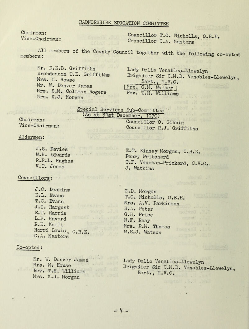 RADNORSHIRE EDUCATION COMMITTEE Chairman: Vice-Chairman: Councillor T.O. Nicholls, O.B.E. Councillor C.A. Masters All members of the County Council together with the members: following co-opted Mr. D.E.B. Griffiths Archdeacon T.E. Griffiths Mrs. 1'i. Howse Mr. W. Denver James Mrs. S.M. Coltman Rogers Mrs. K.J. Morgan Lady Delia Venables-Llewelyn Brigadier Sir C.M.D. Venables-Llewelyn Bart., M.V.O. | Mrs. G.H. Walker j Rev. T.H. Williams Chairman: Vice-Chairman: Aldermen: Special Services Sub-Committee (As at~j1st December. 1970) Councillor 0. Gibbin Councillor R.J. Griffiths J.S. Davies W. II. Edwards R.P.L. Hughes V.T. Jones S. T. Kinsey Morgan, C.3.E. Penry Pritchard T. F. Vaughan-Prickard, C.V.O.. J. Watkins Councillors: J.C. Deakins E.L. Evans T.C. Evans J.I. Hargest E.T. Harris L.P. Havard R.E. Khill Harri Lewis, C.B.E. C.A. Masters G. D. Morgan T.O. Nicholls, O.B.E. Mrs. A.V. Parkins on H. A. Peter G.H. Price N.F. Reay Mrs# R.M. Thomas W.E.J. Watson Co-opted: Mr. W. Denver James Mrs. M. Howse Rev. T.H. Williams Mrs. K.J. Morgan Lady Delia Venables-Llewelyn 3rigadier Sir C.M.D. Vemibles-Llewelyn, Bart., M.V.O.