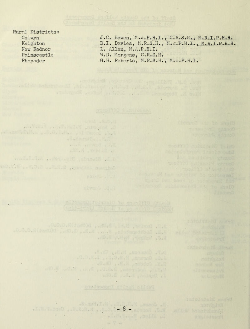 Colwyn Knighton Mew Radnor Painscastle Rhayader J.G. Bowen* K.A^P.H.I., C.R.S.H. , M.R.I.P.H.H. D.I. Davies, M.R.S/H.7ll. L. Allen, M.A.P.H.I. V/.D. Morgans, C.R.S.H. G.H. Roberts, M.R.S.H., M.A.P.H.I.