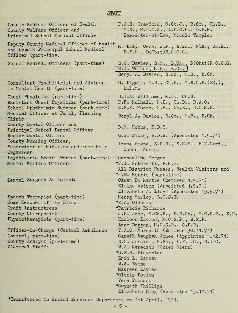 STAFF County Medical Officer of Health County Welfare Officer and Principal School Medical Officer Deputy County Medical Officer of Health and Deputy Principal School Medical Officer (part-time) School Medical Officers (part-time) Consultant Psychiatrist and Adviser in Mental Health (part-time) Chest Physician (part-time) Assistant Chest Physician (part-time) School Ophthalmic Surgeon (part-time) Medical Officer at Family Planning Clinic County Dental Officer and Principal School Dental Officer Senior Dental Officer County Nursing Officer, Supervisor of Midwives and Home Help Organiser Psychiatric Social Worker (part-time) Mental Welfare Officers Dental Surgery Assistants Speech Therapist (part-time) Home Teacher of the Blind Craft Instructress County Chiropodist Physiotherapists (part-time) Officer-in-Charge (Central Ambulance Control, part-time) County Analyst (part-time) Clerical Staff; F. J.H, Crawford, O.St.J., B.Sc., Ch.B., M.D., M.R.C.S., L.R.C.P., D.P.H. Barrister-at-Law, Middle Temple. M. Dilys Owen, J.P. , B.Sc., M'.B. , Ch.B., D.P.H., D(Obst)R.CoO.G. BoC. Davies, B.M., B.Ch.. D(Obst)R.C.O.G. | R.J. Walker, M.B., B.Ch. I Beryl A. Davies, B.Sc., M.B., B.Ch. G. Diggle, M.B., Ch.B0, M.R.C.P.(Ed.), D.P.M.. D.I.A. Williams, M.B., Ch.B. P»P, Mulhall, M»B*, Ch.B., B.A.O* S. S.F. Munro, M.B., Ch.B., D.O.M.S. Beryl A» Davies, B.Sc®, M.B., B.Ch. D.M. Hobbs, B.D.S. G.G. Field, B.D.S. (Appointed 1.9*71) Irene Snape, S.R.N., S.C.M., H.V.Cert., Queens Nurse* Gwendoline Morgan •F.J. McDermott, R.M.N. All District Nurses, Health Visitors and •H.E. Morris (part-time) 01wen P* Mantle (Retired 1.9*71) Elaine Watson (Appointed 1.9*71) Elizabeth A. Lloyd (Appointed 13*9*71) Morag Morley, L.C.S.T. *RCA. Oldbury •Patricia Richards J*Sc Jose, M.Ch.S,, S.R.Ch., M.C.S.P., S.R. Haulwen Davies, M.C.S.P., S.R.P. Anne Duggan, M*C.S.P., S.R.P, T. A^O-o Meredith (Retired 30.11.71) Gareth Vaughan Jones (Appointed 1.12.71) D.C. Jenkins, M.Sc., F.R.I.C., D.I.C. W.J. Meredith (Chief Clerk) •G.E.H. Steventon Enid L. Barker W.S. Evans Maureen Davies •Glenis Davies Vera Prossor •Gwyneth Phillips Elizabeth King (Appointed 13*12.71) •Transferred to Social Services Department on 1st April, 1971*
