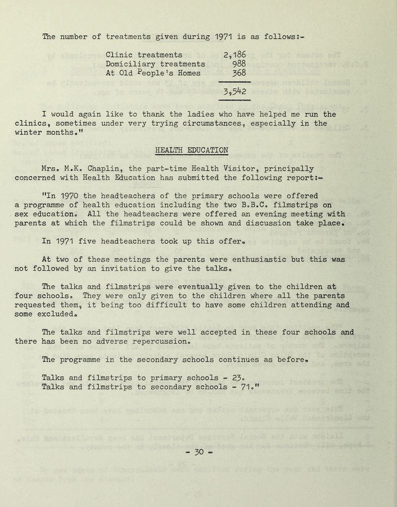 The number of treatments given during 1971 is as followss- Clinic treatments 2,186 Domiciliary treatments 988 At Old People’s Homes 368 3,3^2 I would again like to thank the ladies who have helped me run the clinics, sometimes under very trying circumstances, especially in the winter months. HEALTH EDUCATION Mrs. M.K. Chaplin, the part-time Health Visitor, principally concerned with Health Education has submitted the following reporti- In 1970 the headteachers of the primary schools were offered a programme of health education including the two B.B.C. filmstrips on sex education. All the headteachers were offered an evening meeting with parents at which the filmstrips could be shown and discussion take place. In 1971 five headteachers took up this offer. At two of these meetings the parents were enthusiastic but this was not followed by an invitation to give the talks. The talks and filmstrips were eventually given to the children at four schools. They were only given to the children where all the parents requested them, it being too difficult to have some children attending and some excluded. The talks and filmstrips were well accepted in these four schools and there has been no adverse repercussion. The programme in the secondary schools continues as before. Talks and filmstrips to primary schools - 2.3® Talks and filmstrips to secondary schools - 71