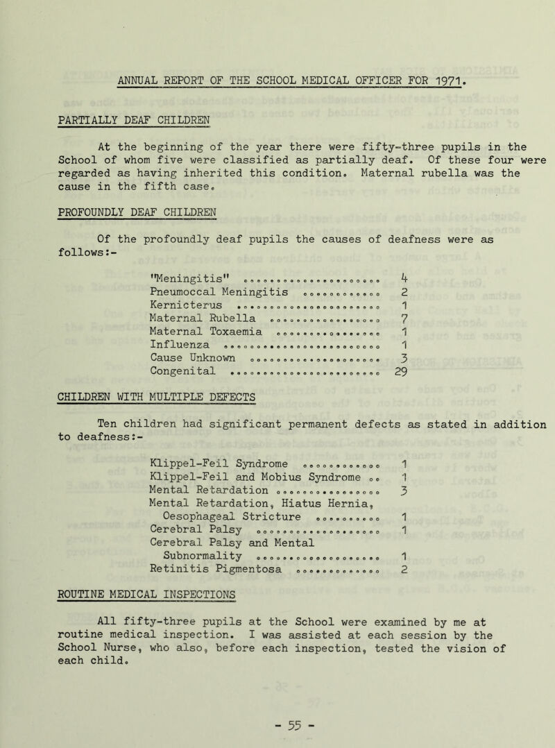 ANNUAL REPORT OF THE SCHOOL MEDICAL OFFICER FOR 1971 PARTIALLY DEAF CHILDREN At the beginning of the year there were fifty-three pupils in the School of whom five were classified as partially deaf. Of these four were regarded as having inherited this condition. Maternal rubella was the cause in the fifth case. PROFOUNDLY DEAF CHILDREN Of the profoundly deaf pupils the causes of deafness were as follows © O Meningitis Pneumoccal Meningitis Kernicterus Maternal Rubella Maternal Toxaemia Influenza ooooooe«o,eooo9e«ooooooo Cause Unknown oo,ooo.oe»oeoooooooe Congenital aeoeoooooooeoeoooeoo 000000090000 ©00000000909009000000 oeooooooooo ©ooooooooooeooo© 9009000009000090900090 4 2 1 7 1 1 3 29 CHILDREN WITH MULTIPLE DEFECTS Ten children had significant permanent defects as stated in addition to deafness Klippel-Feil Syndrome o,oo,,0,,e0o 1 Klippel-Feil and Mobius Syndrome oe 1 Mental Retardation 0 ,, 3 Mental Retardation, Hiatus Hernia, Oesophageal Stricture «,o..o...o0 1 Cerebral Palsy ooooooo,eo.o,.eoooo *1 Cerebral Palsy and Mental Subnormality oooo.,000,00,o«o,»e *1 Retinitis Pigmentosa ooo.oeo,,,,®, 2 ROUTINE MEDICAL INSPECTIONS All fifty-three pupils at the School were examined by me at routine medical inspection. I was assisted at each session by the School Nurse, who also, before each inspection, tested the vision of each child. - 33 -