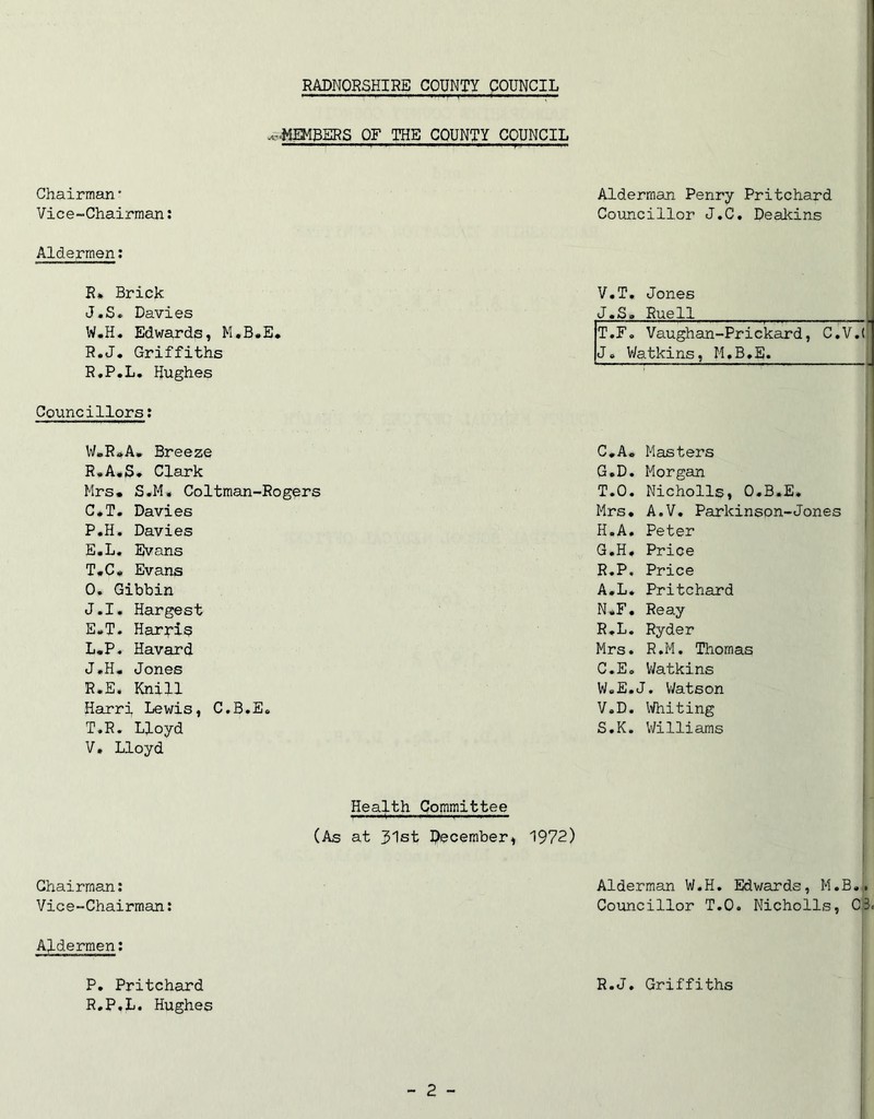 -c.MEMBERS OF THE COUNTY COUNCIL ■' ' ' »— ■■■■■■■ ■ .i -M Chairman * Alderman Penry Pritchard Vice-Chairman: Councillor J.C. Deakins Aldermen: R* Brick V.T. Jones J.S. Davies J.S. Ruell W.H. Edwards, M.B.E. T.F. Vaughan-Prickard, C.V.( R.J. Griffiths J. Watkins, M.B.E. R.P.L. Hughes 1 Councillors: W.R.A. Breeze C.A. Masters R.A.S. Clark G.D. Morgan Mrs. S.M. Coltman-Rogers T.O. Nicholls, O.B.E. C*T. Davies Mrs* A.V. Parkinson-Jones P.H. Davies H.A. Peter E.L. Evans G.H. Price T.C. Evans R.P. Price 0. Gibbin A.L. Pritchard J.I. Hargest N.F. Reay E.T. Harris R.L. Ryder L.P. Havard Mrs. R *M. Thomas J.H. Jones C.E. Watkins R.E. Knill W.E.J. Watson Harri Lewis, C.B.E. V.D. Whiting T.R. Lloyd S.K. Williams V. Lloyd Health Committee (As at 31st December* 1972) Chairman: Alderman W.H. Edwards, M.B. Vice-Chairman: Councillor T.O. Nicholls, 0 Aldermen: P. Pritchard R.J. Griffiths R.P.L. Hughes