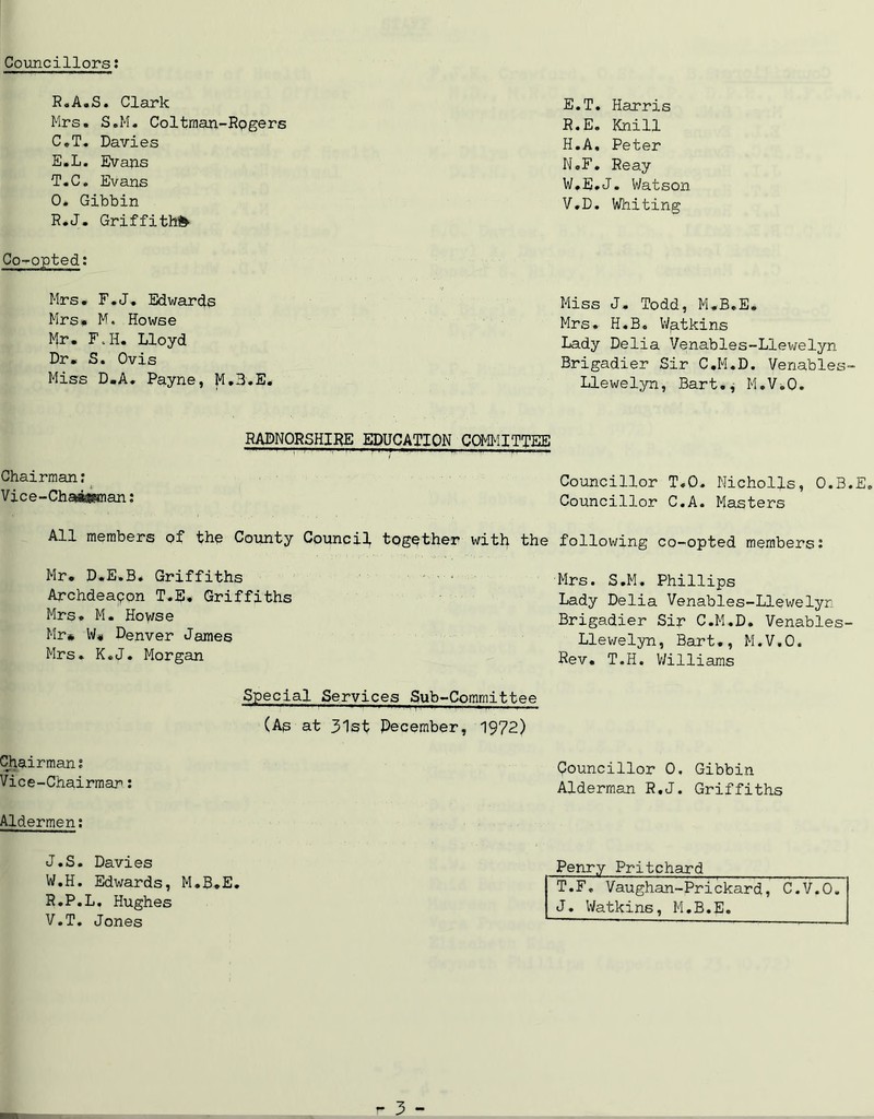 R.A.S. Clark Mrs. S.M. Coltman-Rpgers C.T. Davies E.L. Evans T.C. Evans 0. Gibbin R.J. Griffith# Co-opted: Mrs. F.J. Edwards Mrs. M. Howse Mr. F.H. Lloyd Dr. S. Ovis Miss D.A. Payne, M.3.E. E.T. Harris R.E. Knill H.A, Peter N.F. Reay W.E.J. Watson V.D. Whiting Miss J. Todd, M.B.E. Mrs. H.B. Vetkins Lady Delia Venables-Llewelyn Brigadier Sir C.M.D. Venables Llewelyn, Bart., M.V.O. RADNORSHIRE EDUCATION COMMITTEE Chairman: Vice-Chaaasman: Councillor T«0. Nicholls, O.B.E. Councillor C.A. Masters All members of the County Council together with the following co-opted members: Mr. D.E.B. Griffiths Archdeacon T.E. Griffiths Mrs. M. Howse Mr* W* Denver James Mrs. K.J. Morgaui Mrs. S.M. Phillips Lady Delia Venables-Llewelyr Brigadier Sir C.M.D. Venables- Llewelyn, Bart., M.V.O. Rev. T.H. Williams Special Services Sub-Committee (As at 31st Pecember, 1972) Chairman: Vice-Chairman: Aldermen: J.S. Davies W.H. Edwards, M.B.E. R.P.L. Hughes V.T. Jones Councillor 0. Gibbin Alderman R.J. Griffiths Penry Pritchard T.F. Vaughan-Prickard, C.V.O. J. Watkins, M.B.E.