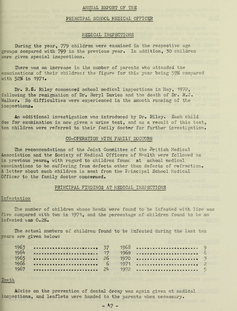 ANrfUAL REPORT OF THE PRINCIPAL SCHOOL MEDICAL OFFICER - ■■ 1 ■ ■ 1 - MEDICAL INSPECTIONS During the year, 779 children were examined in the respective age groups compared with 799 in the previous year. In addition, 30 children were given special inspections. There was an increase in the number of parents who attended the examinations of their children: the figure for this year being 59% compared with 52% in 1971. Dr* R.S, Riley commenced school medical inspections in May, 1972, following the resignation of Dr. Bpryl Davies and the death of Dr. R.J. Walker. No difficulties were experienced in the smooth running of the inspections* An additional investigation was introduced by Dr. Riley. Each child due for examination is now given a urine test, and as a result of this test, ten children were referred to their family doctor for further investigation. CO-OPERATION WITH FAMILY DOCTORS The recommendations of the Joint Committee of the British Medical Association and the Society of Medical Officers of Health were followed as in previous years* with regard to children founc at school medical examinations to be suffering from defects other than defects of refraction. A letter about such children is sent from the Principal School Medical Officer to the family doctor concerned. PRINCIPAL FINDINGS AT MEDICAL INSPECTIONS Infestation The number of children whose heads were found to be infested with lipe was five compared with two in 197% and the percentage of children found to be so infested was 0.2%. The actual numbers of childrep found to be infested during the last ten years are given below: 1963 1964 1965 19 66 1967 37 1968 9 17 1969 . 6 26 1970 3 6 1971 . t 2 24 1972 5 Teeth Advipe on the prevention of dental decay was again given at medical inspections, and leaflets were handed to the parents when necessary.