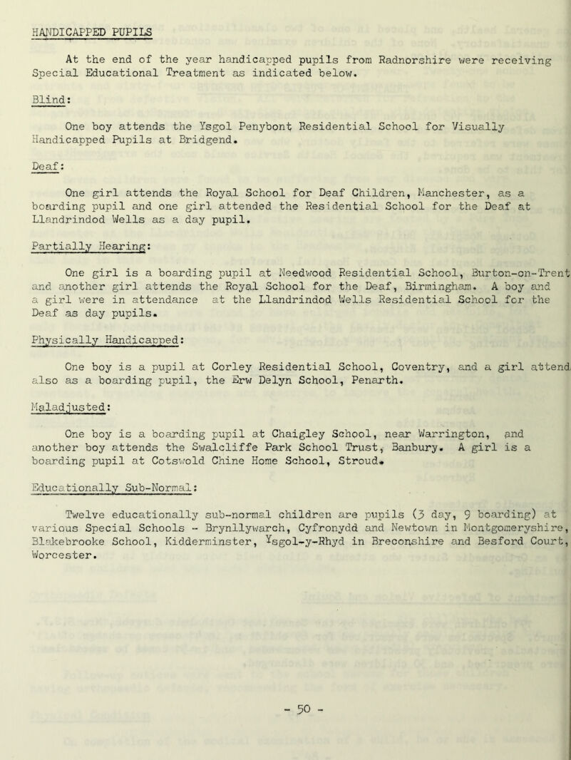 HANDICAPPED PUPILS At the end of the year handicapped pupils from Radnorshire were receiving Special Educational Treatment as indicated below. Blind; One boy attends the Ysgol Penybont Residential School for Visually Handicapped Pupils at Bridgend. Deaf: One girl attends the Royal School for Deaf Children, Manchester, as a boarding pupil and one girl attended the Residential School for the Deaf at Llandrindod Wells as a day pupil. Partially Hearing: One girl is a boarding pupil at Needwood Residential School, Burton-on-Trent and another girl attends the Royal School for the Deaf, Birmingham. A boy and a girl were in attendance at the Llandrindod Wells Residential School for the Deaf as day pupils. Physically Handicapped: One boy is a pupil at Corley Residential School, Coventry, and a girl attend, also as a boarding pupil, the Erw Delyn School, Penarth. Maladjusted: One boy is a boarding pupil at Chaigley School, near Warrington, and another boy attends the Swalcliffe Park School Trust, 3anbury. A girl is a boarding pupil at Cotswold Chine Home School, Stroud* Educationally Sub-Normal: Twelve educationally sub-normal children are pupils (3 day, 9 boarding) at various Special Schools - Brynllywarch, Cyfronydd and Newtown in Montgomeryshire, Blakebrooke School, Kidderminster, YSg0i„y_Rhyd in Breconshire and Besford Court, Worcester. - 30 -