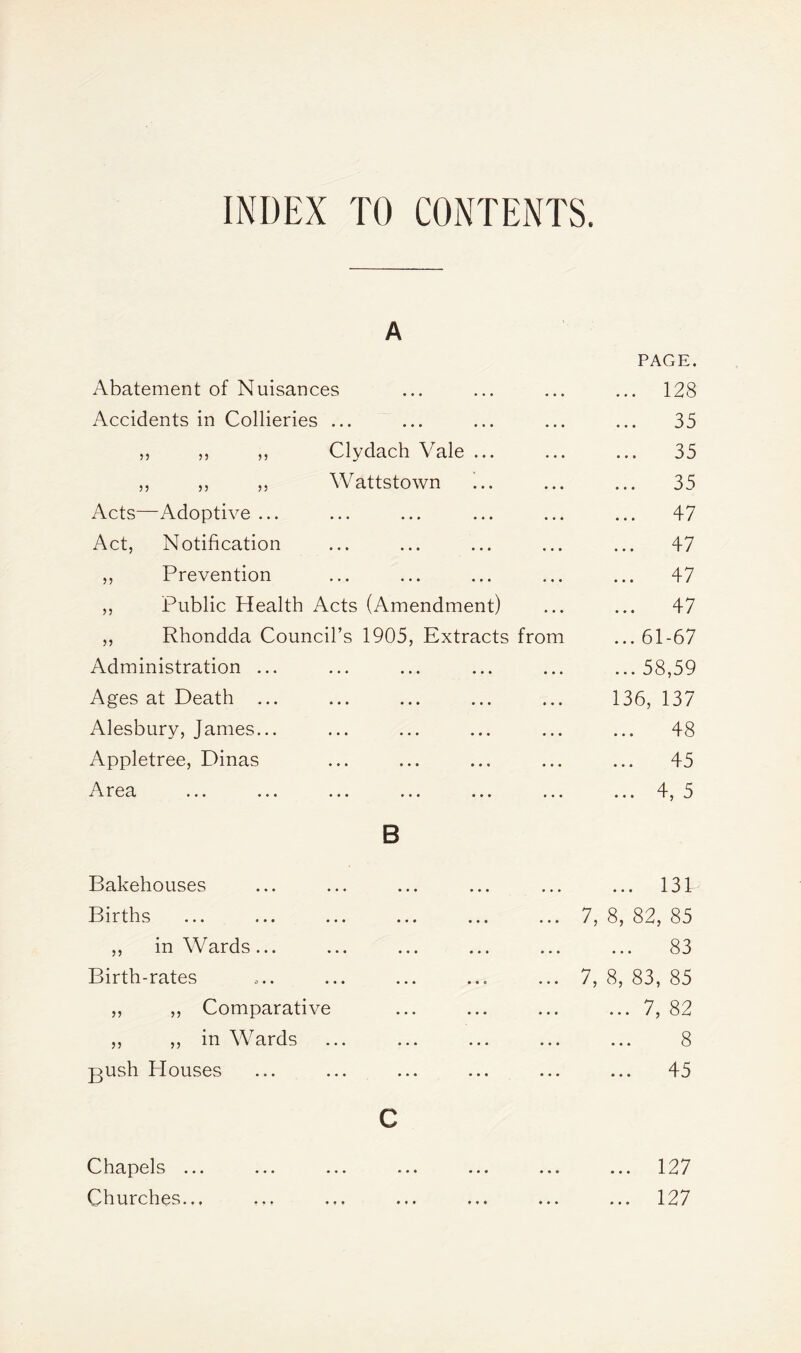 INDEX TO CONTENTS. A Abatement of Nuisances Accidents in Collieries ... Clydach Vale ... NVattstown Acts—Adoptive ... Act, Notification ,, Prevention ,, Public Health Acts (Amendment) ,, Rhondda Council’s 1905, Extracts Administration ... Ages at Death ... Alesbury, James... Appletree, Dinas r c 11, ... ... ... ... ... from PAGE. ... 128 35 35 35 47 ... 47 47 ... 47 ... 61-67 ... 58,59 136, 137 48 ... 45 ... 4,5 B Bakehouses Births ,, in Wards ... Birth-rates ,, ,, Comparative ,, ,, in Wards gush Houses ... 131 7, 8, 82, 85 83 7, 8, 83, 85 ... 7, 82 ... 8 ... 45 c Chapels ... Churches... 127 127