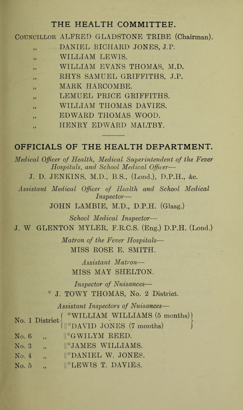 THE HEALTH COMMITTEE. Councillor ALFRED GLADSTONE TRIBE (Chairman). „ DANIEL RICHARD JONES, J.P. „ WILLIAM LEWIS. „ WILLIAM EVANS THOMAS, M.D. „ RHYS SAMUEL GRIFFITHS, J.P. „ MARK HARCOMBE. „ LEMUEL PRICE GRIFFITHS. „ WILLIAM THOMAS DAVIES. „ EDWARD THOMAS WOOD. „ HENRY EDWARD MALTBY. OFFICIALS OF THE HEALTH DEPARTMENT. Medical Officer of Health, Medical Superintendent of the Fever Hospitals, and School Medical Officer— J. D. JENKINS, M.D., B.S., (Lond.), D.P.H., Ac. Assistant Medical Officer of Health and School Medical Inspector— JOHN LAMBIE, M.D., D.P.H. (Glasg.) School Medical Inspector— J. W GLENTON MYLER, F.R.C.S. (Eng.) D.P.H. (Lond.) Matron of the Fever Hospitals— MISS ROSE E. SMITH. Assistant Matron— MISS MAY SHELTON. Inspector of Nuisances— * J. TOWY THOMAS, No. 2 District. Assistant Inspectors of Nuisances— . ( *WILLIAM WILLIAMS (5 months)) No. 1 District \ , \ [pDAVID JONES (7 months) J No. 6 „ !|'GWILYM REED. No. 3 „ ||*JAMES WILLIAMS. No. 4 „ ||'DANIEL W. JONES.